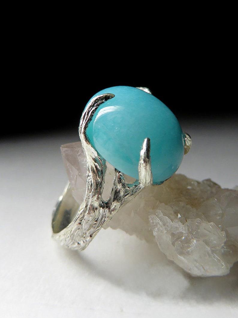 Amazonite Silver Ring Natural Blue Gemstone Unisex Gift For Her Him Vintage For Sale 3