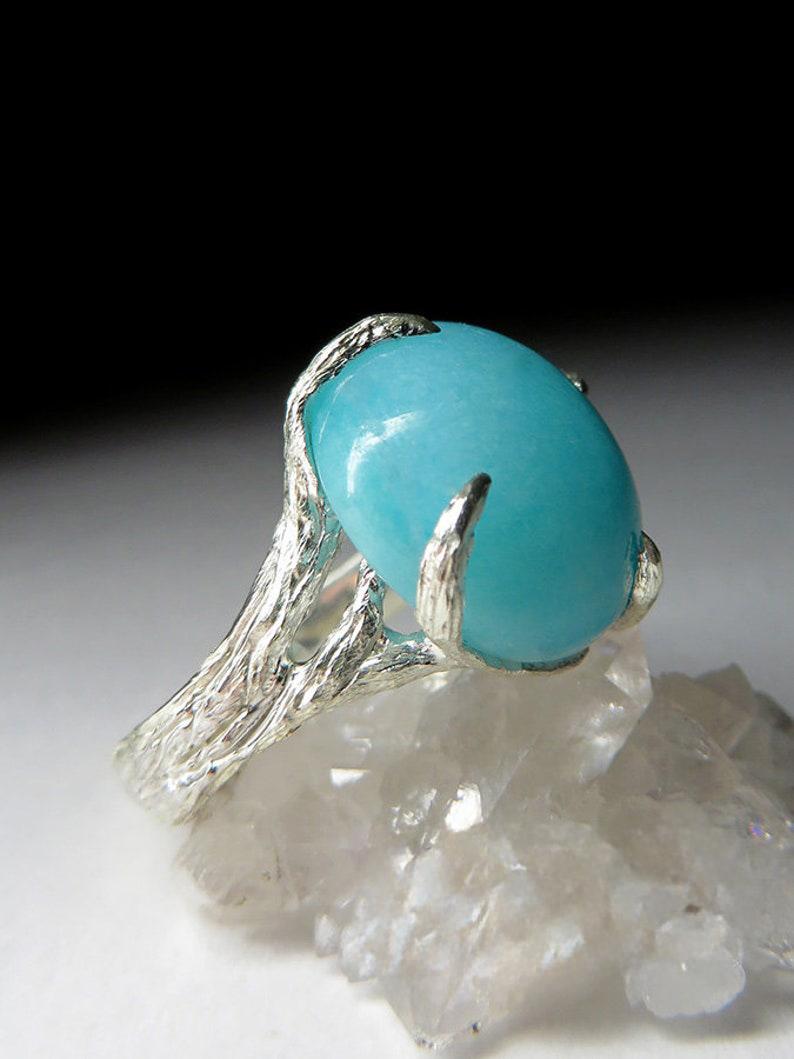Amazonite Silver Ring Natural Blue Gemstone Unisex Gift For Her Him Vintage For Sale 4
