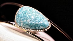 Turquoise Colored Amazonite Stone Gold and Diamond Bangle Bracelet