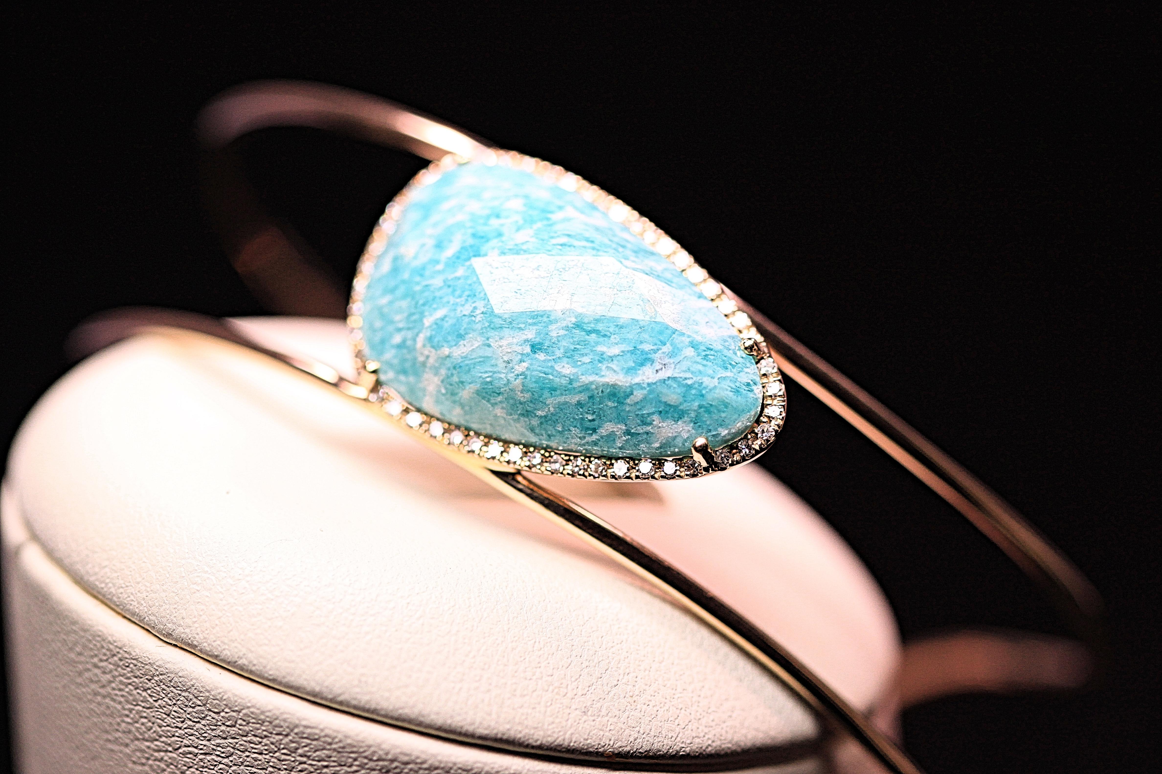 Contemporary Turquoise Colored Amazonite Stone Gold and Diamond Bangle Bracelet For Sale