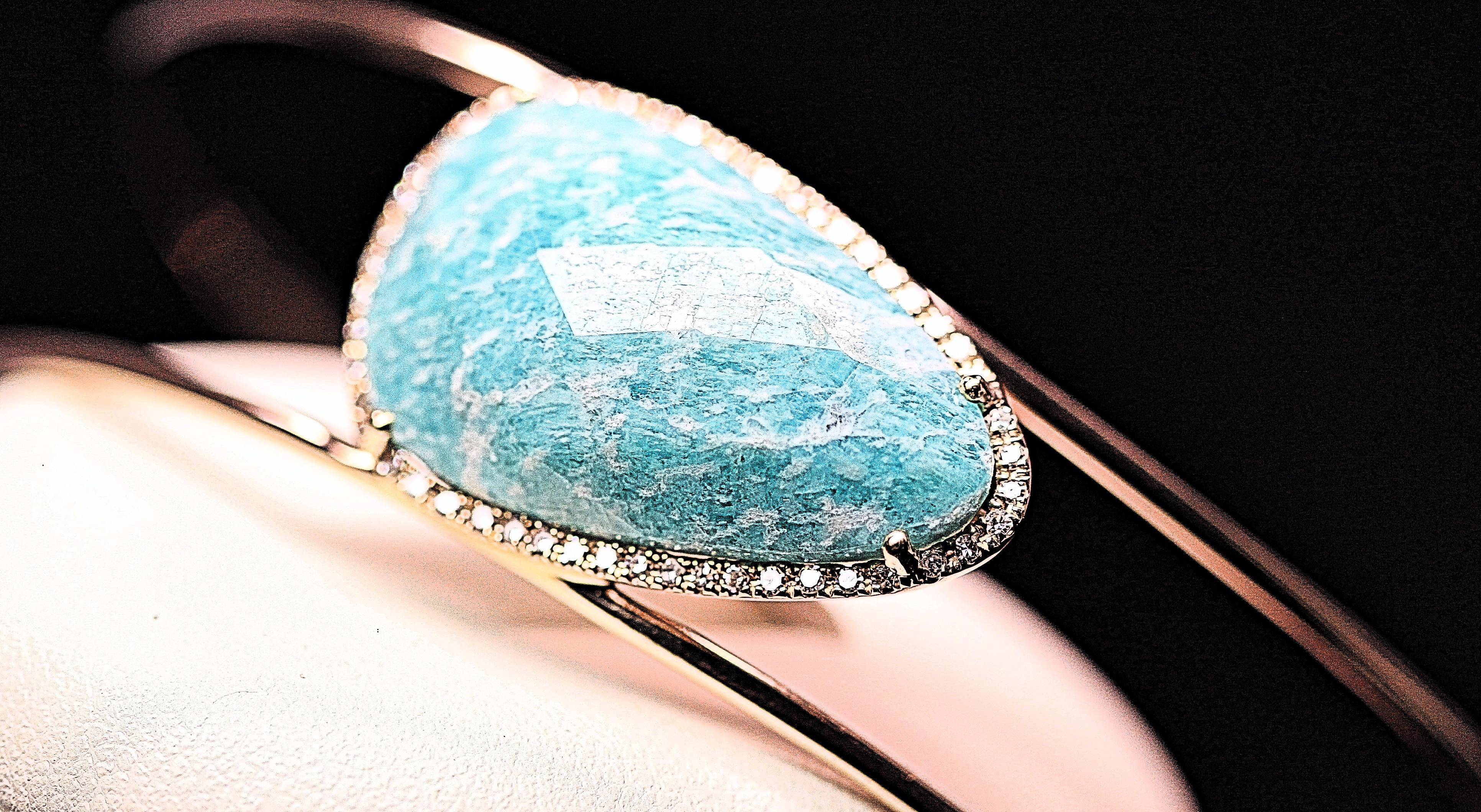 Pear Cut Turquoise Colored Amazonite Stone Gold and Diamond Bangle Bracelet For Sale