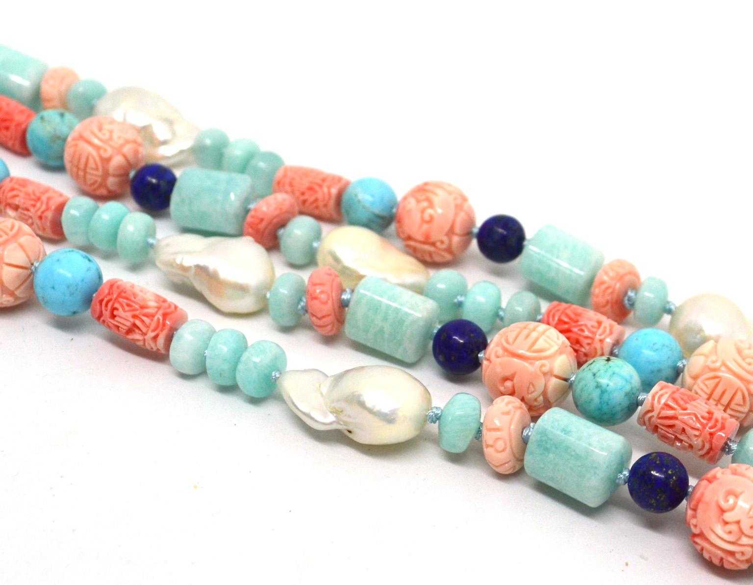 Artisan Amazonite Turquoise Lapis Lazuli Pearl Sterling Silver Long Necklace