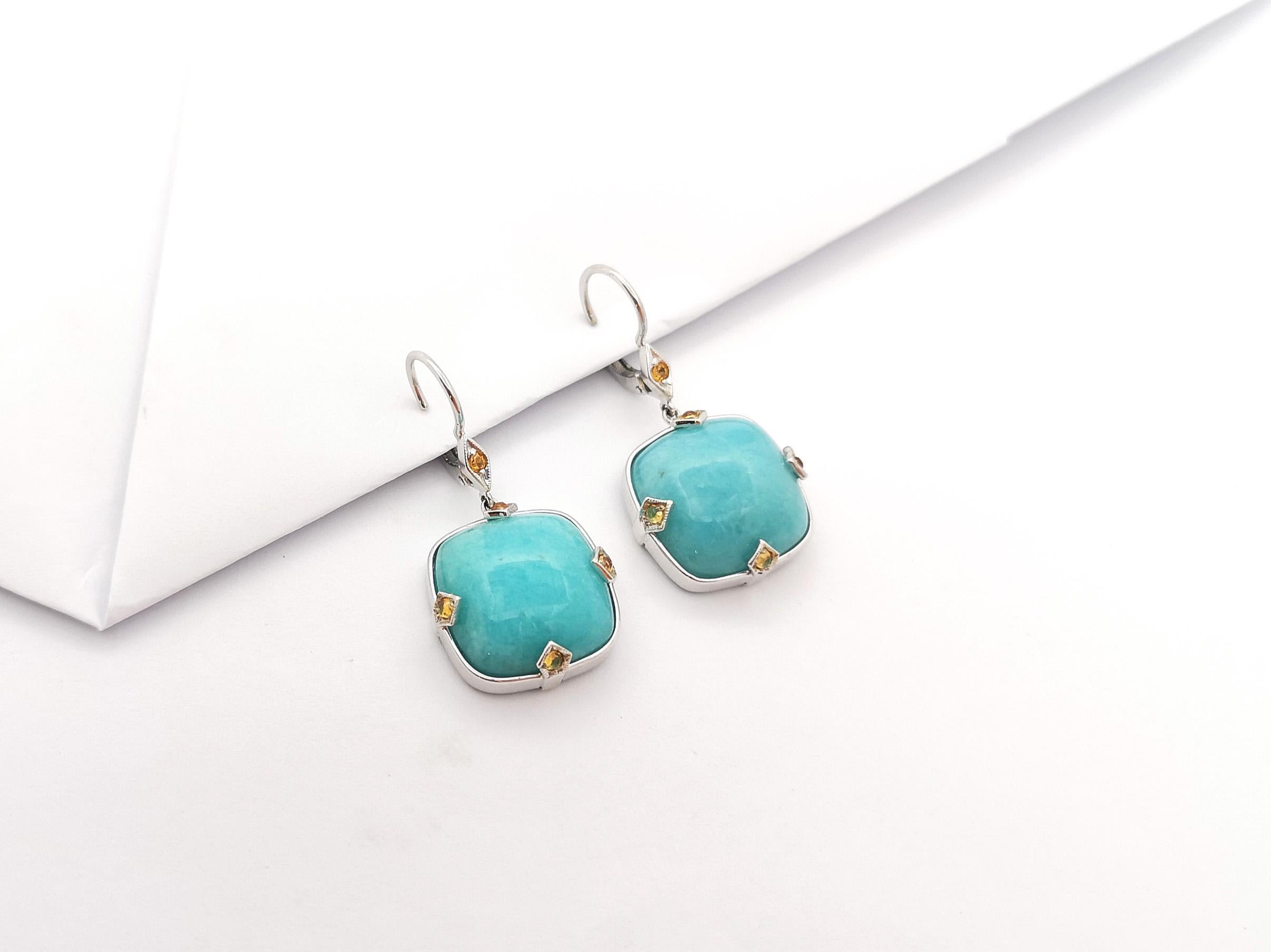Contemporary Amazonite with Yellow Sapphire Earrings set in 18K White Gold Settings For Sale