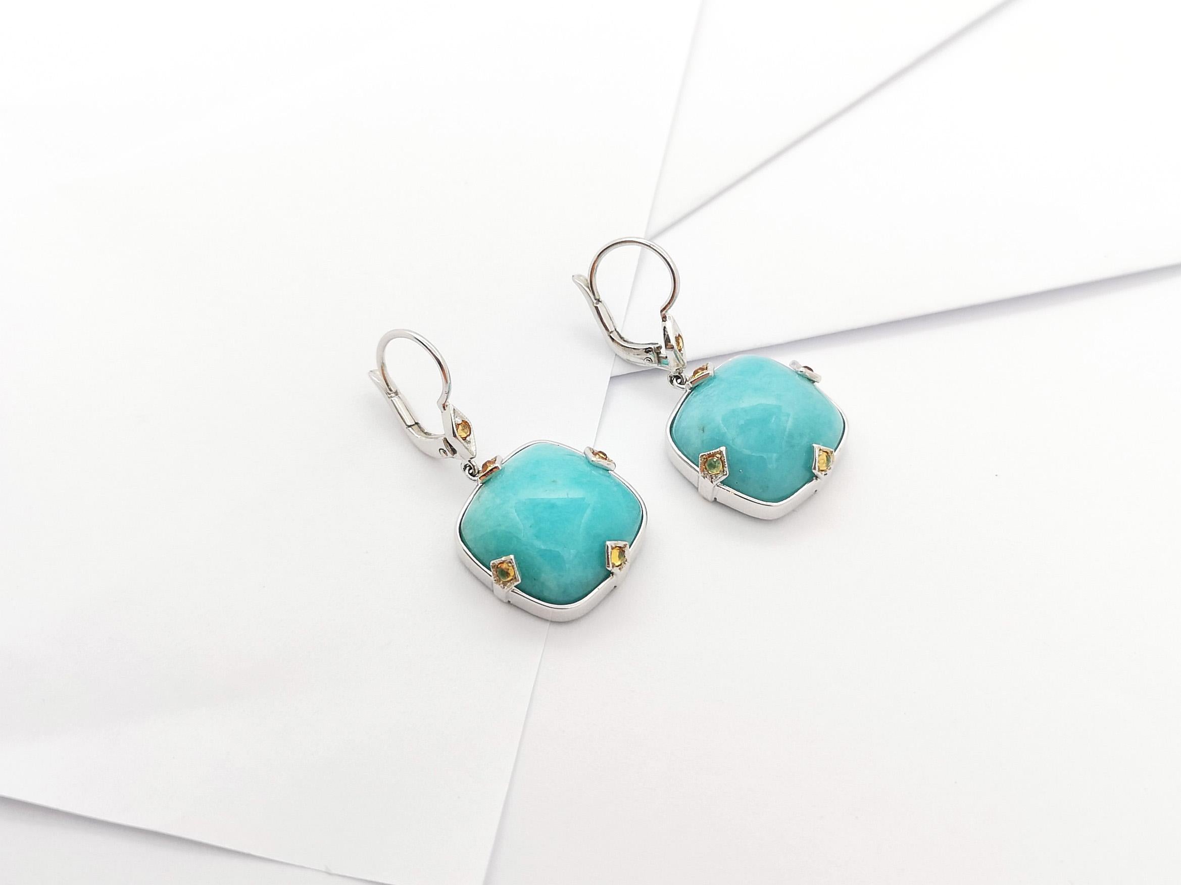 Cabochon Amazonite with Yellow Sapphire Earrings set in 18K White Gold Settings For Sale