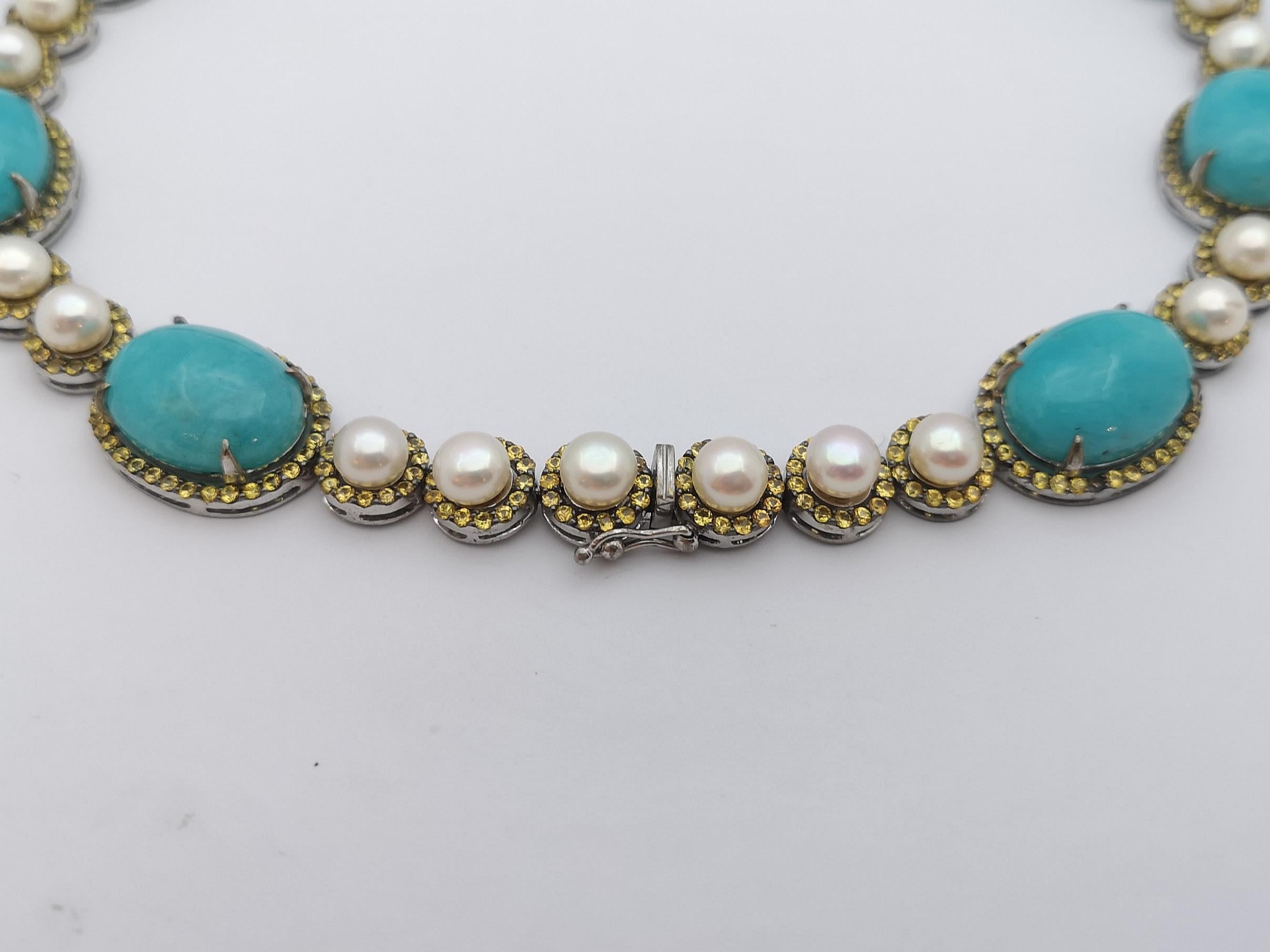 Amazonite, Yellow Sapphire and Pearl Necklace set in Silver Settings For Sale 3