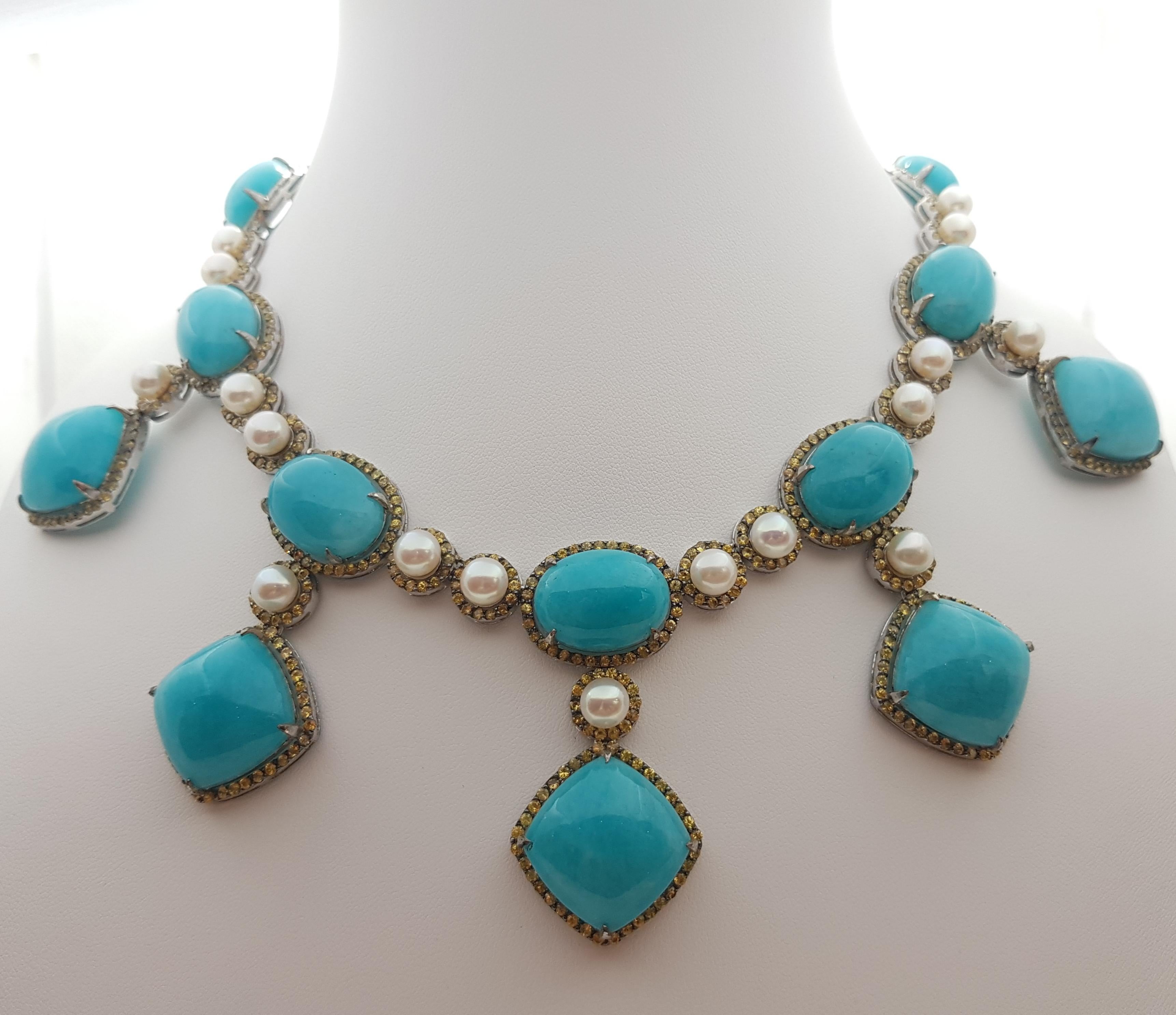 Mixed Cut Amazonite, Yellow Sapphire and Pearl Necklace set in Silver Settings For Sale