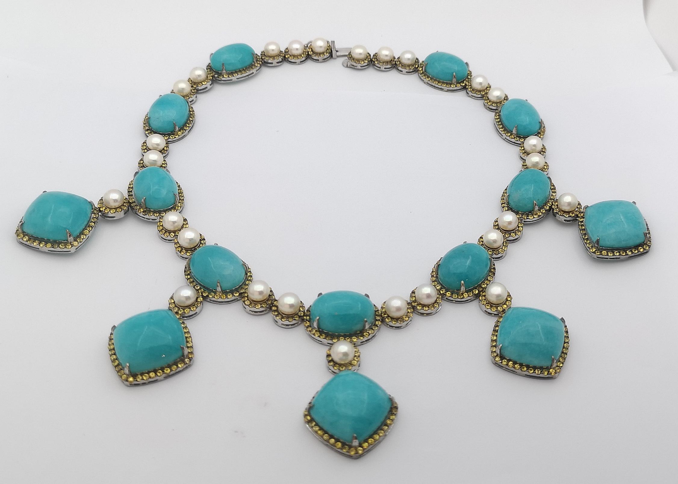Amazonite, Yellow Sapphire and Pearl Necklace set in Silver Settings In New Condition For Sale In Dusit, 10