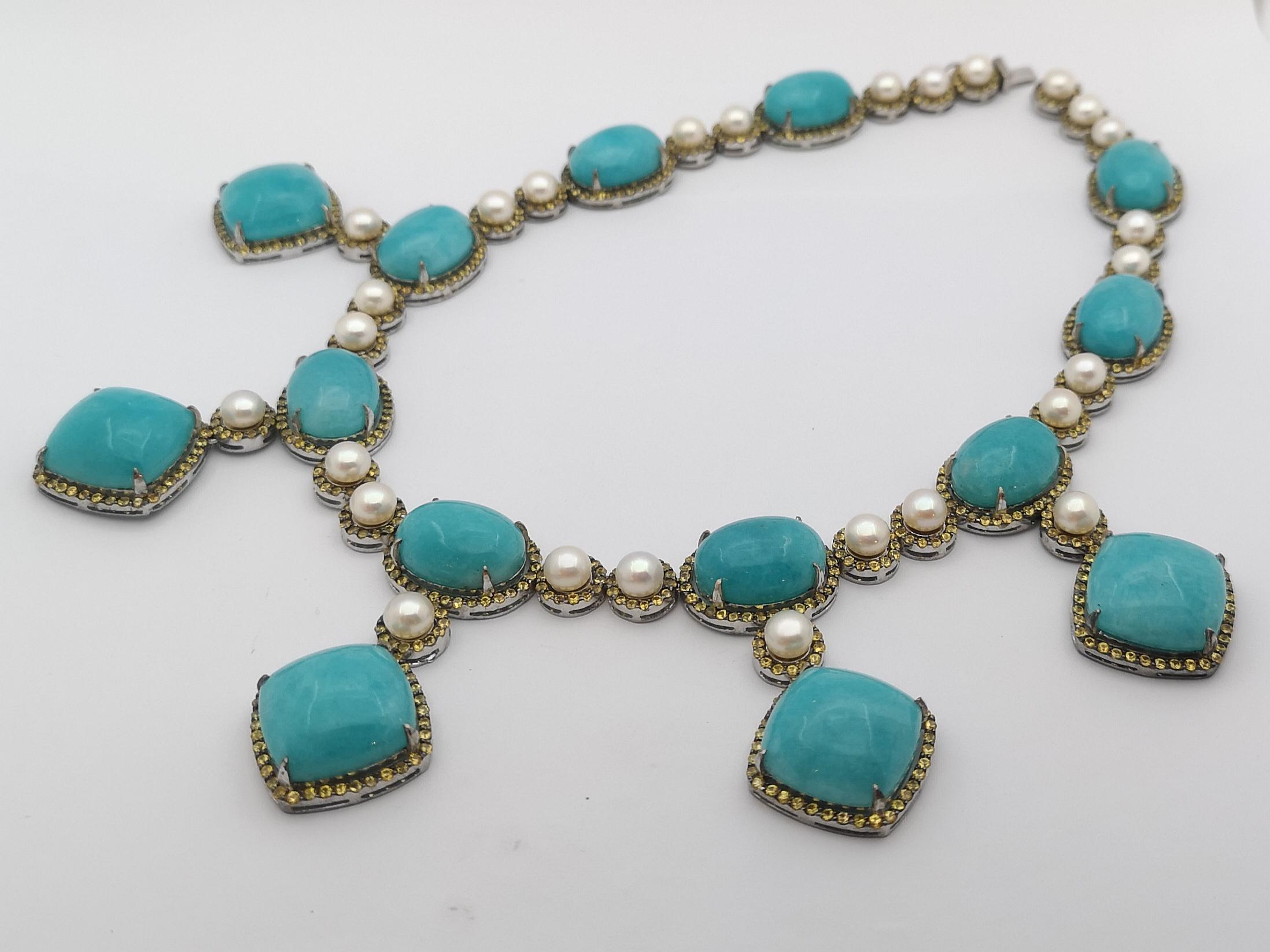Women's Amazonite, Yellow Sapphire and Pearl Necklace set in Silver Settings For Sale