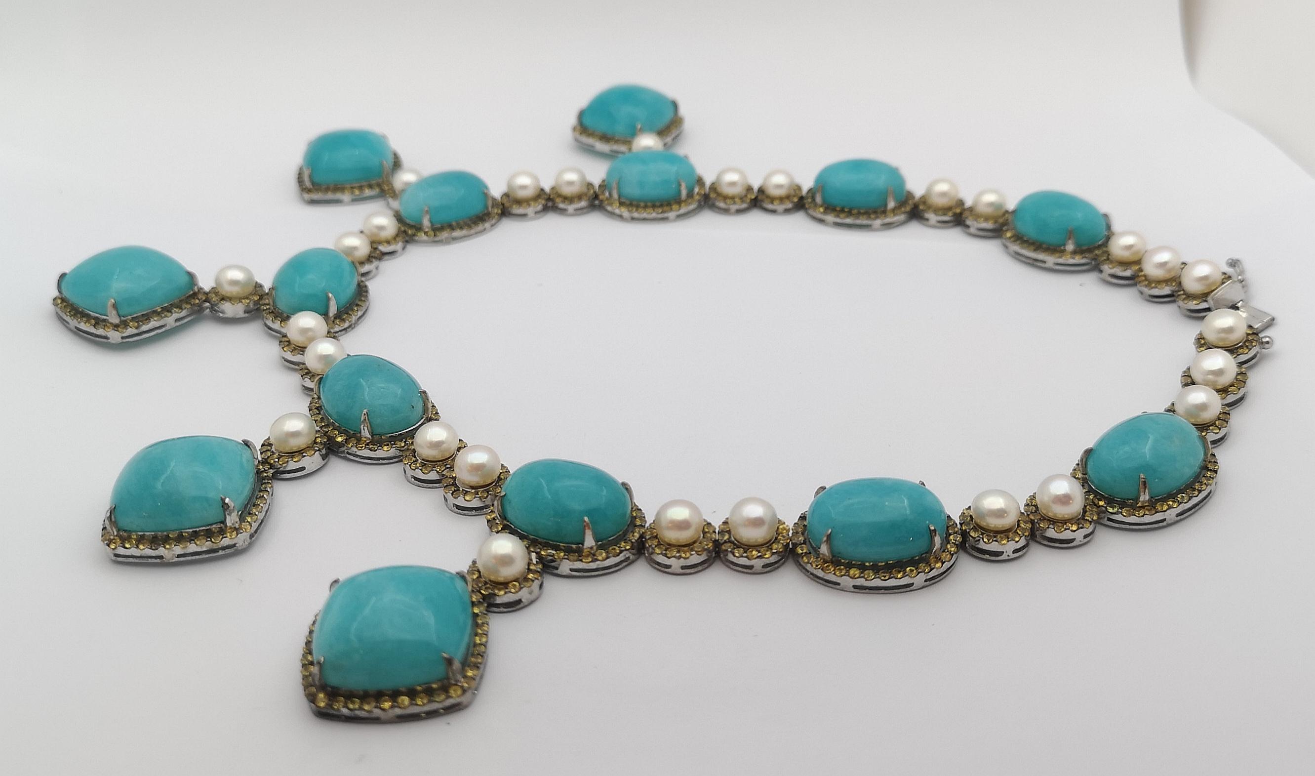 Amazonite, Yellow Sapphire and Pearl Necklace set in Silver Settings For Sale 1