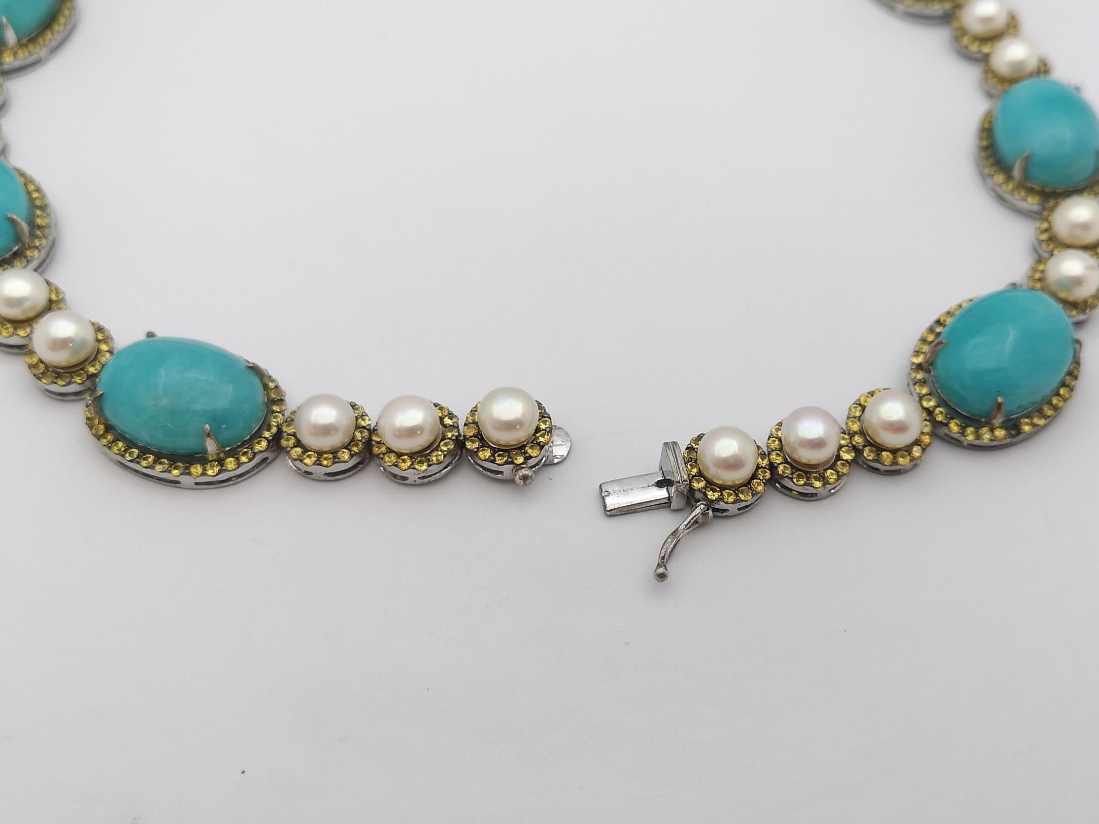 Amazonite, Yellow Sapphire and Pearl Necklace set in Silver Settings For Sale 2