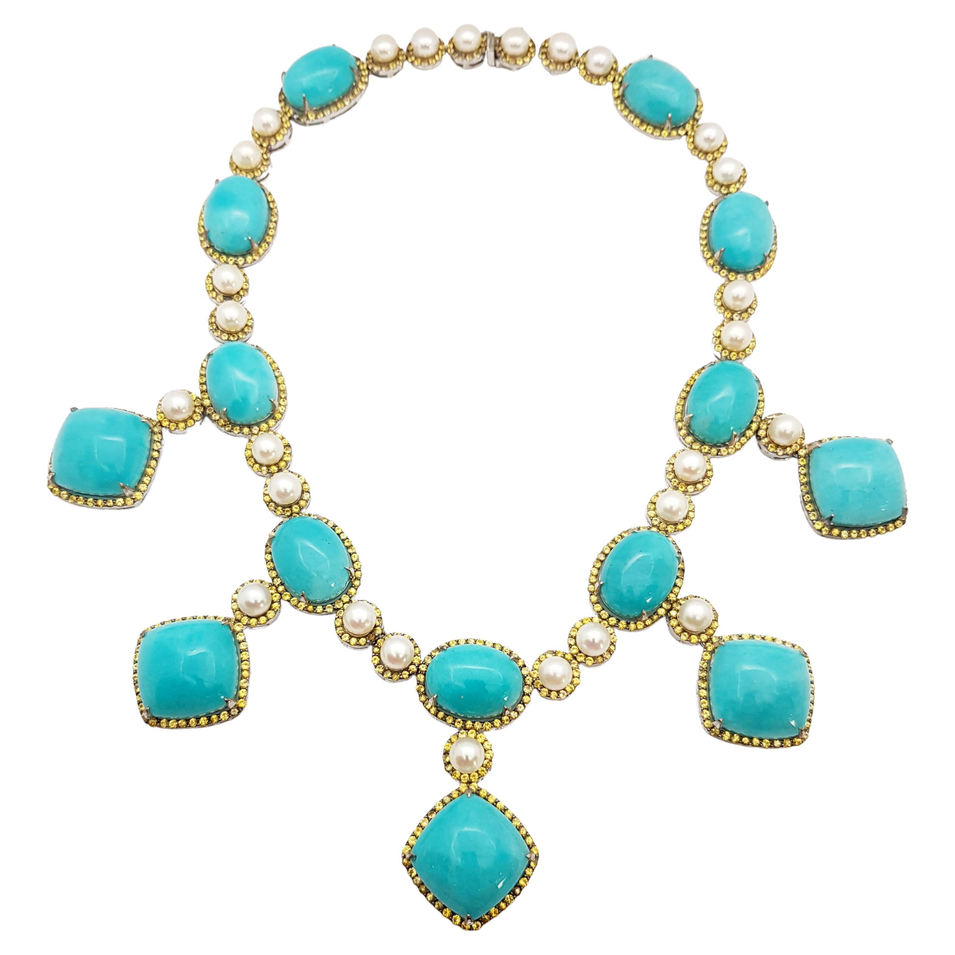 Amazonite, Yellow Sapphire and Pearl Necklace set in Silver Settings For Sale