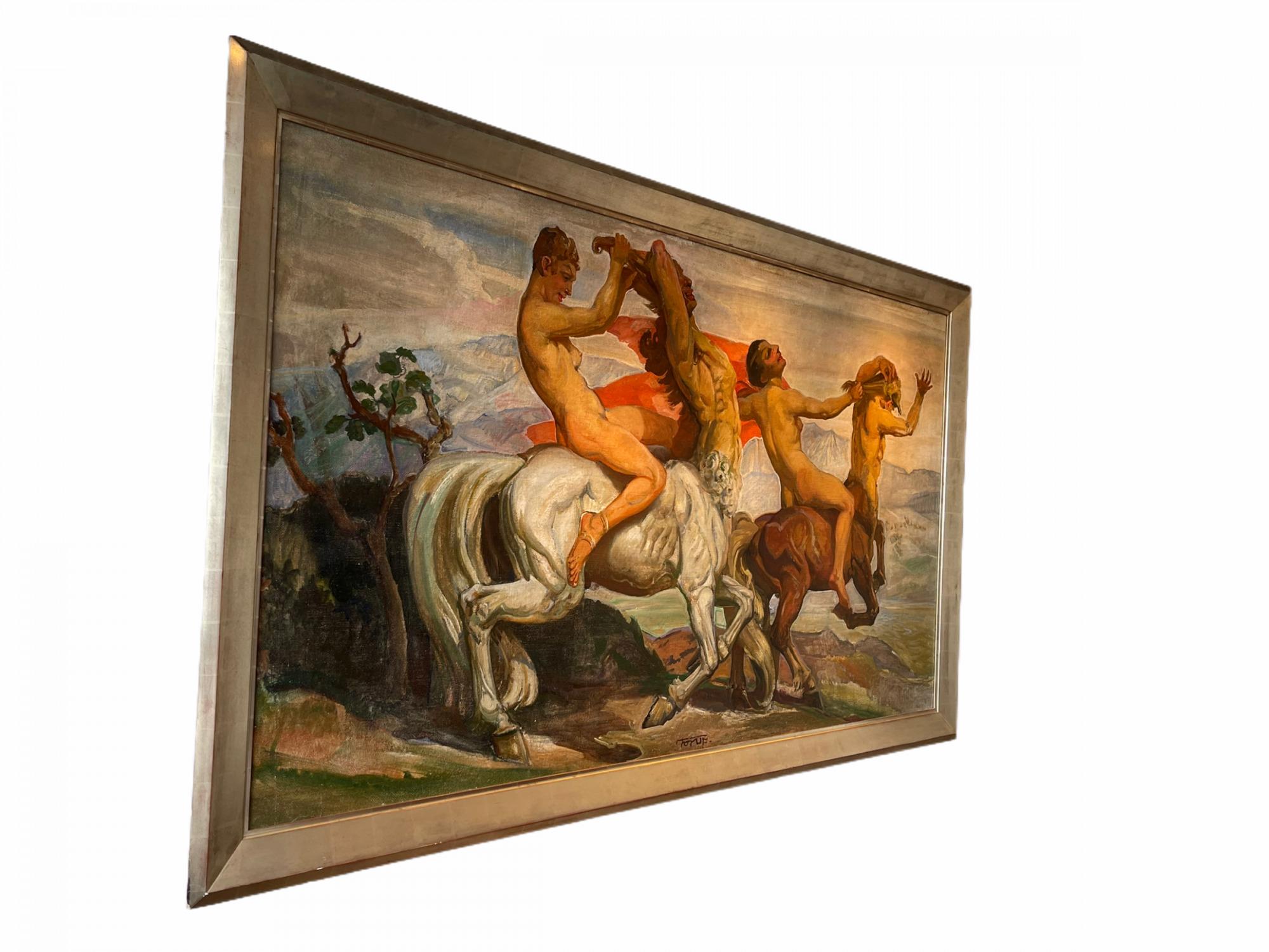 Amazonen und Zentauren, Öl auf Leinwand, gemalt in den 1920er Jahren von Carl Christian Forup aus Vejle, Dänemark. Dieses Gemälde von Forup ist eines der größten, die er in seiner Karriere geschaffen hat, und ist von ihm signiert. Es soll für Gerda