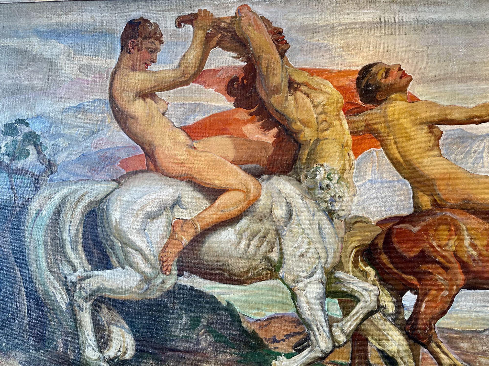 Carl Christian Forup, 1920s Amazons and Centaurs Oil on Canvas Painting In Fair Condition For Sale In North Miami, FL