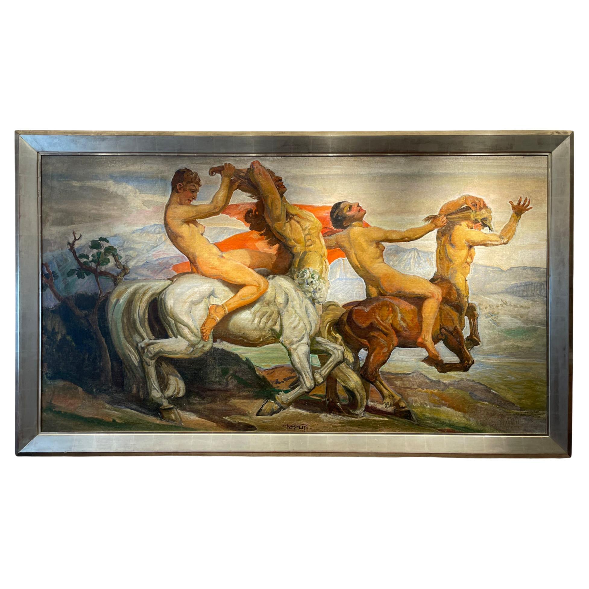Carl Christian Forup, 1920s Amazons and Centaurs Oil on Canvas Painting