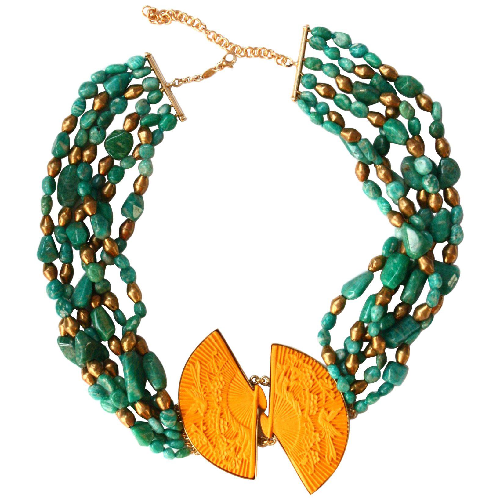 Amazzonite Yellow Fans Lacquer Gold-Plated Necklace