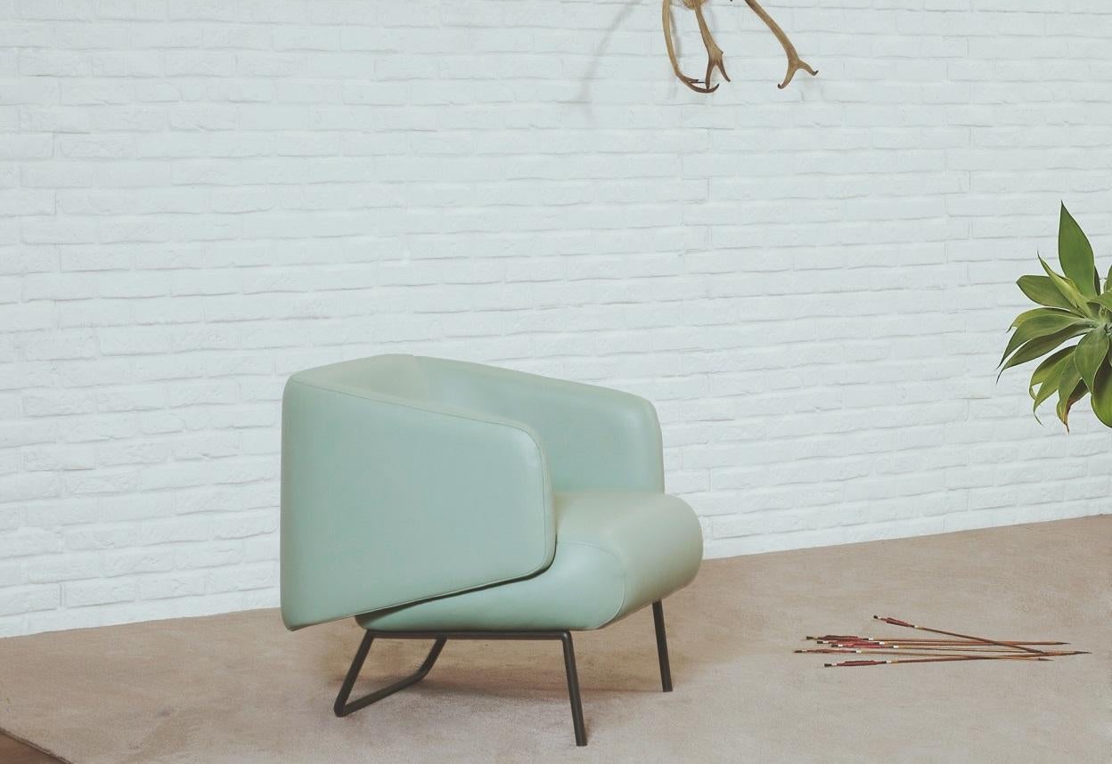 Ambar Armchair upholstered in mint grey leather by Bow and Arrow In New Condition For Sale In Lordelo, PT
