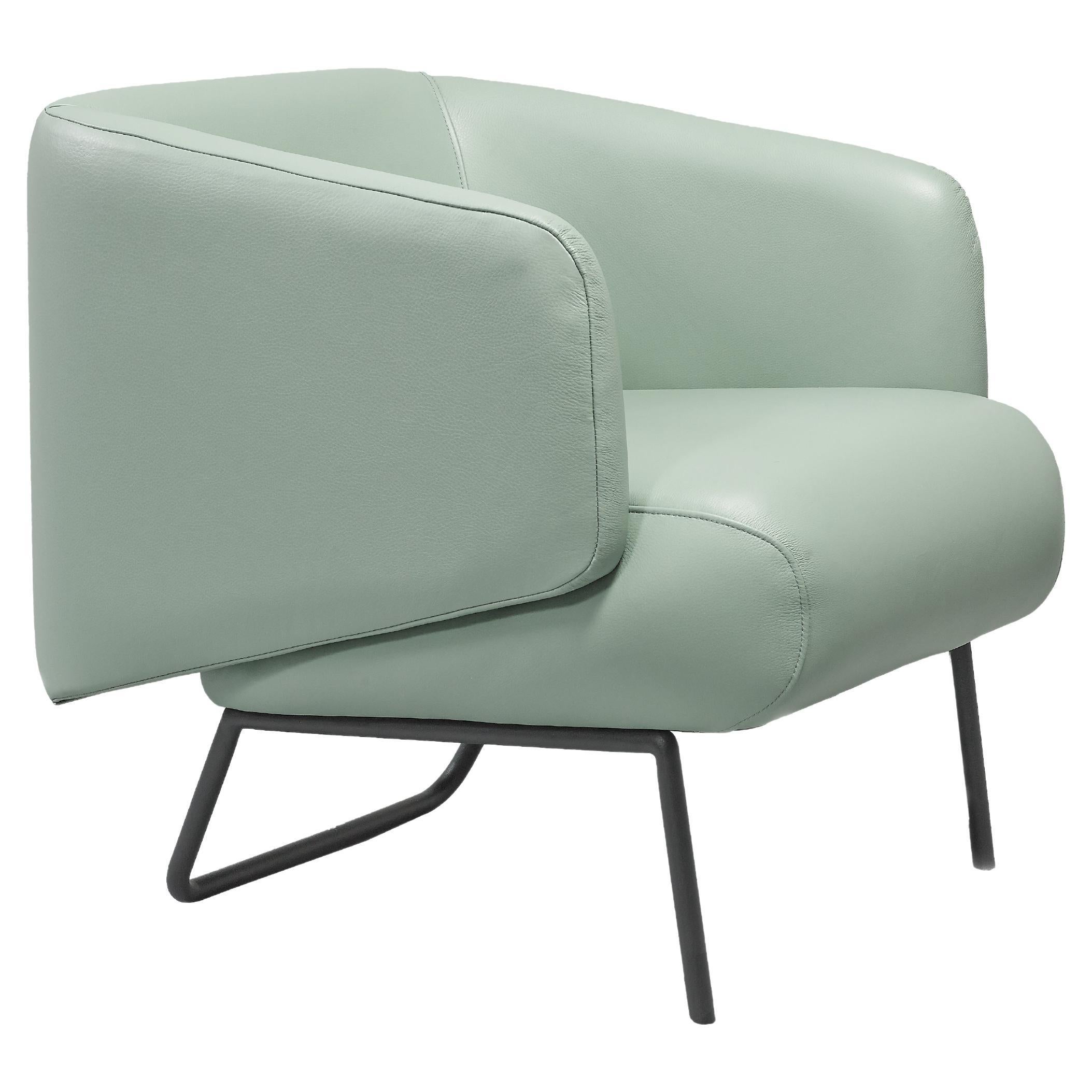 Ambar Armchair upholstered in mint grey leather by Bow and Arrow For Sale