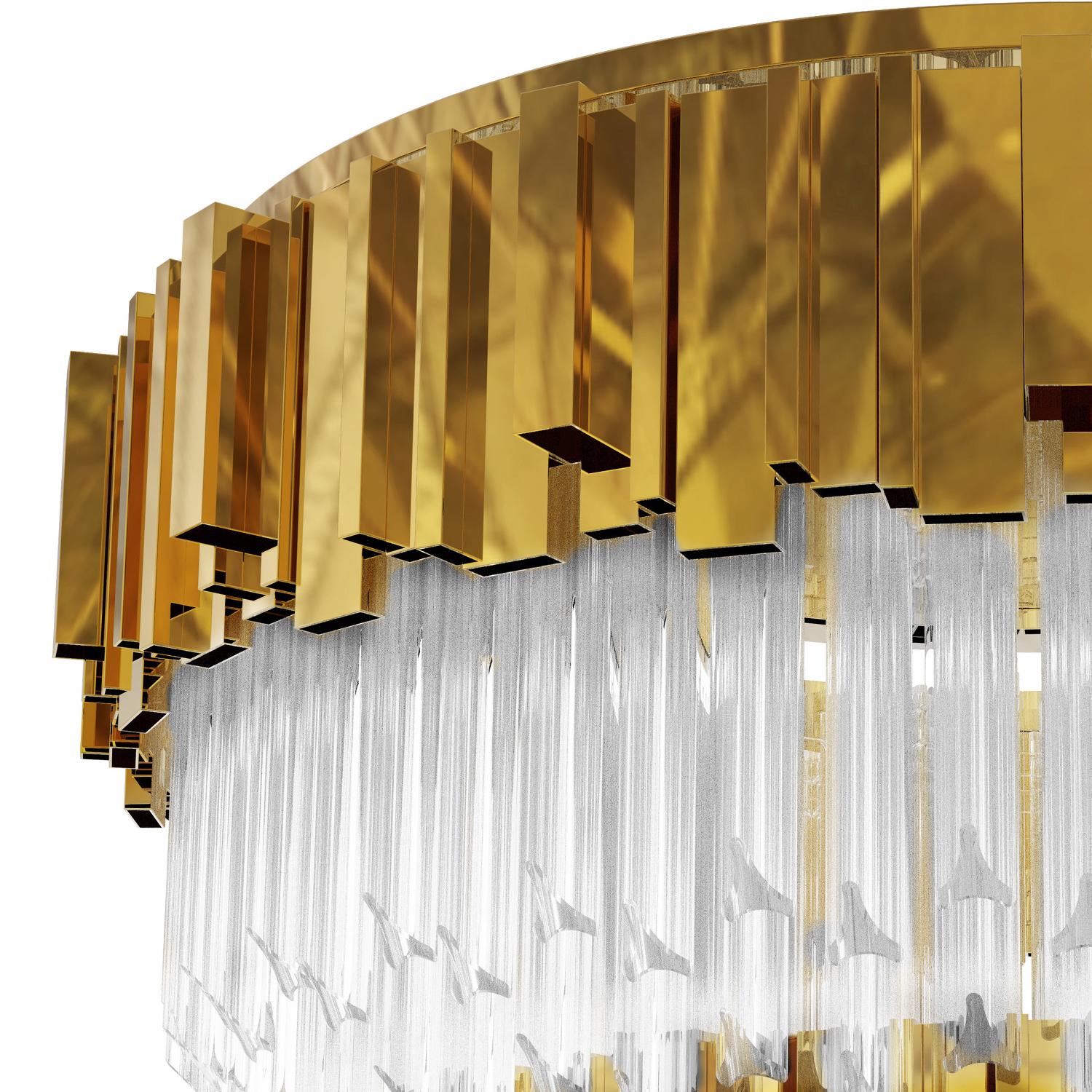 Deckenleuchte Ambassador mit Kristallglas in einer kreisförmigen Reihe 
und vergoldeten polierten Messing-Rechteckstäben in kreisförmiger Anordnung.
 Mit 8 Glühbirnen, Lampenfassung Typ G9. 40 Watt max, für 220-240V. 
Glühbirnen nicht enthalten.