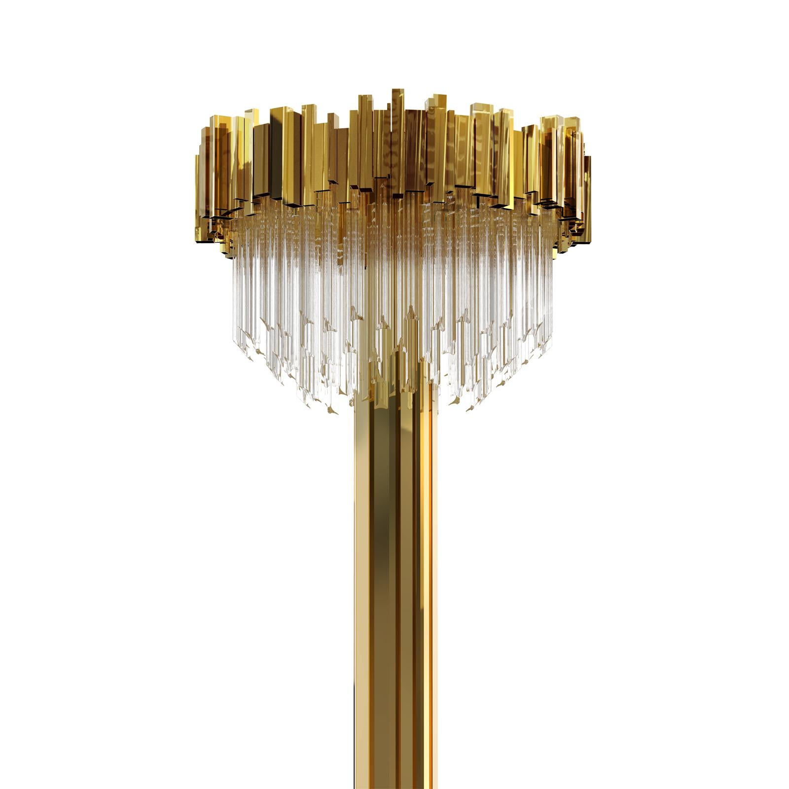 Floor lamp ambassador with crystal glass pendants.
With a circular rows of gold-plated polished brass
rectangular sticks. With 12 bulbs, lamp holder type G9.
20 watt max, for 220-240V. Bulbs not included.
     