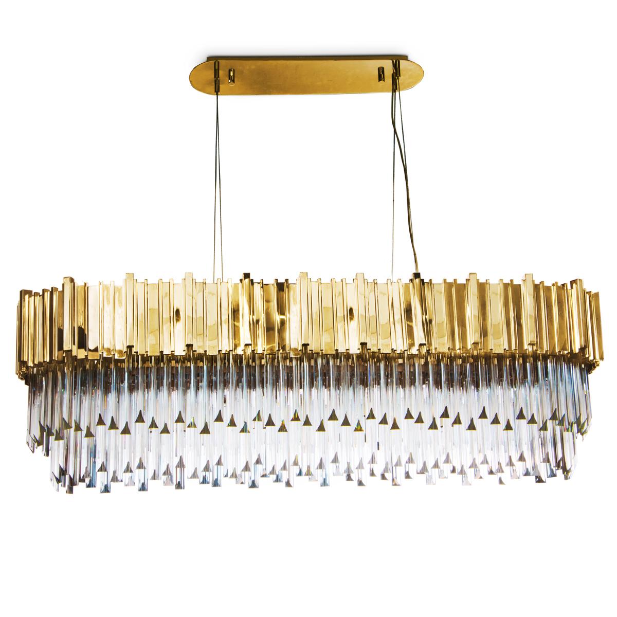 Chandelier ambassador long oval with crystal glass
pendants. With a big long oval ring of gold-plated polished
brass with rectangular sticks. With 20 bulbs, lamp holder
type G9. 20 Watt max, for 220-240V. Bulbs not included.
With steel ropes for