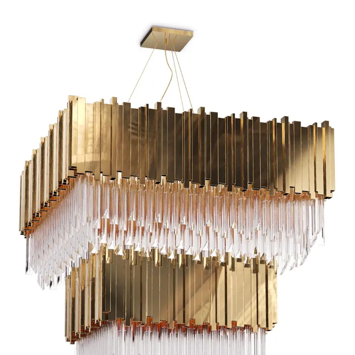 Chandelier Ambassador square with crystal glass pendants.
With four square rows of gold plated polished brass
rectangular sticks. With 75 bulbs, lamp holder type G9.
20 Watt max, for 220-240V. Bulbs not included.
With steel ropes for hanging: