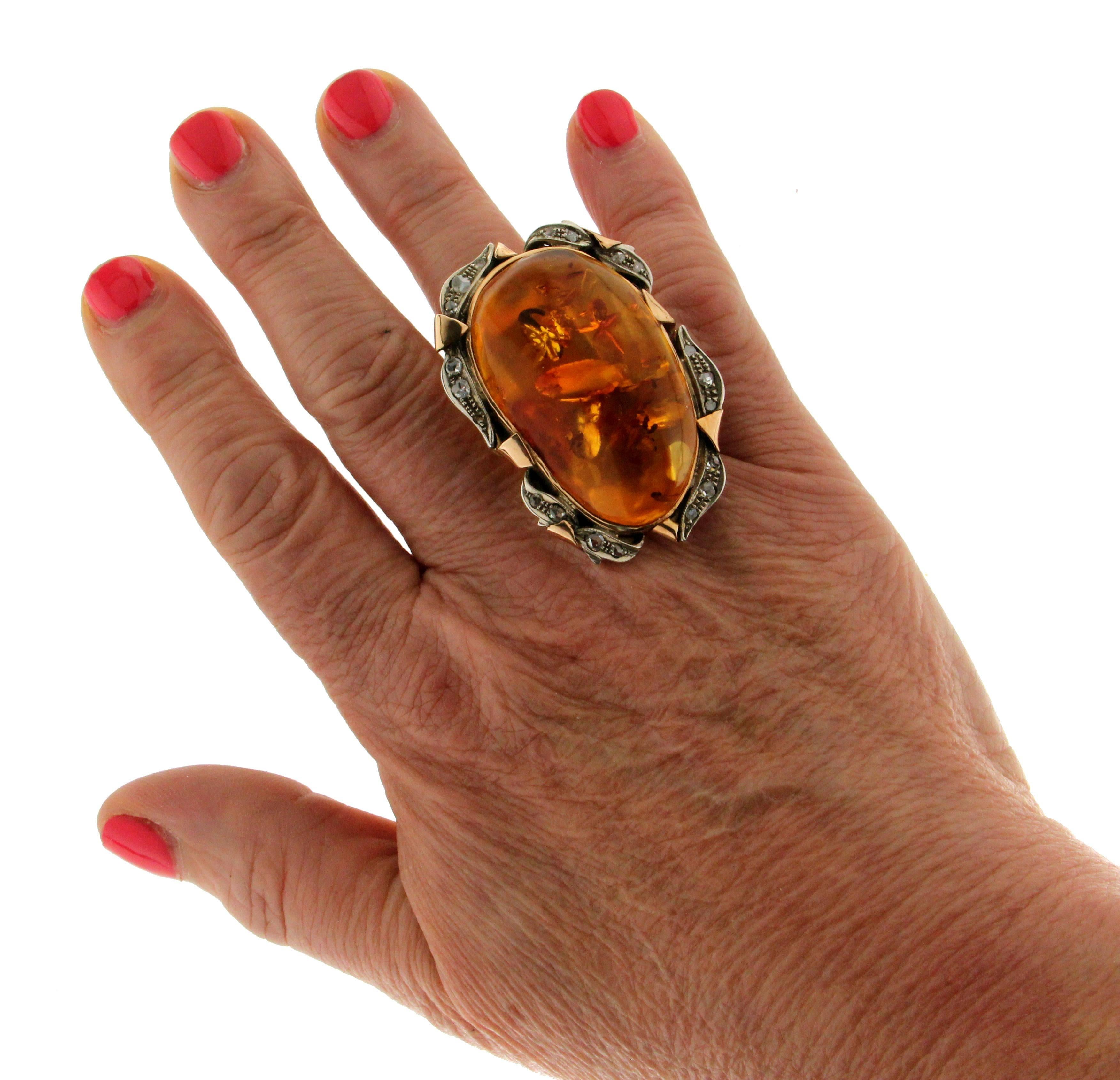 Amber 14 karat Yellow Gold Old Cut Diamonds Cocktail Ring In New Condition In Marcianise, IT