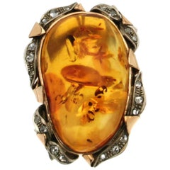Vintage Amber 14 karat Yellow Gold Old Cut Diamonds Cocktail Ring