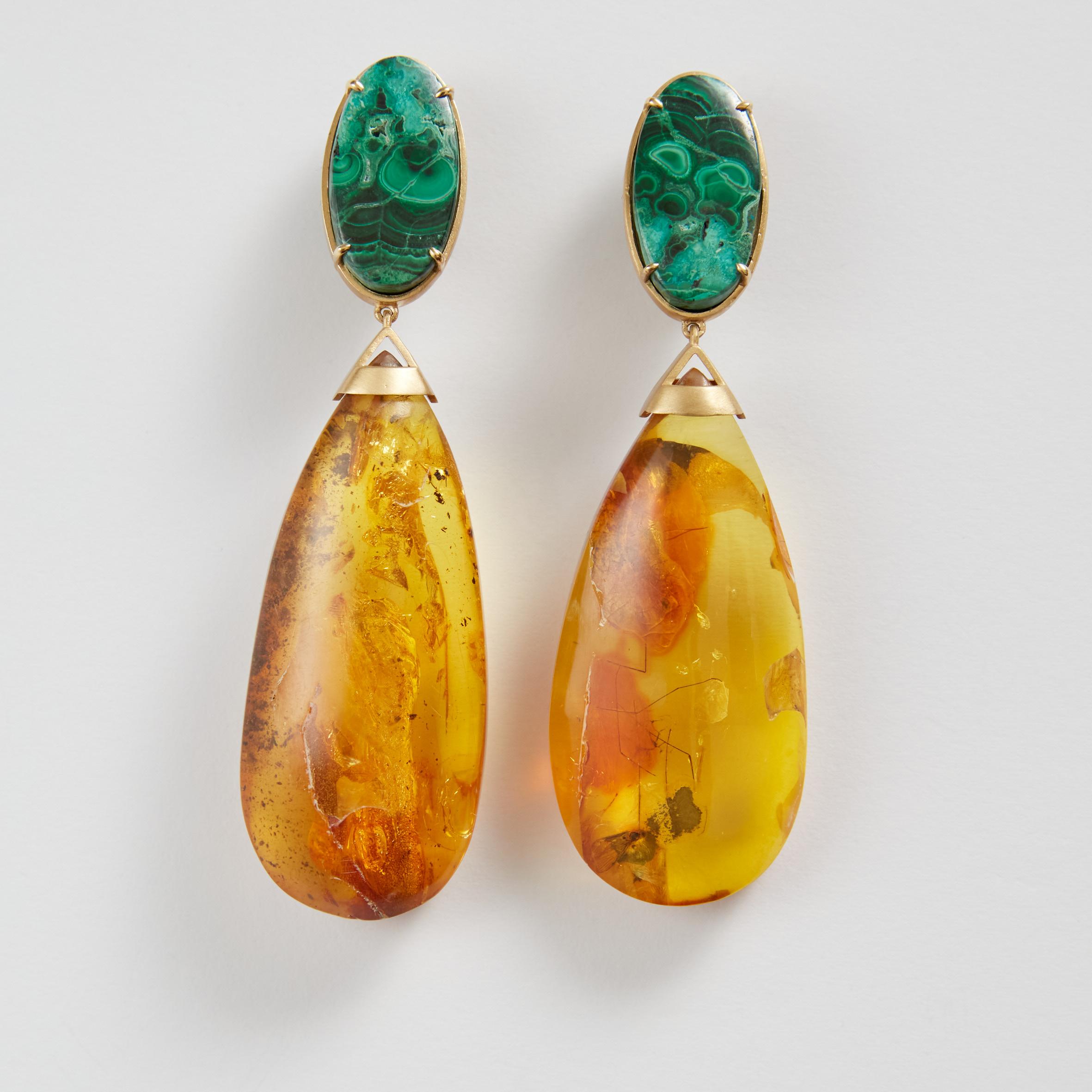 Amber  18k Gold and Azzurrite Hand Made Earrings For Sale 1