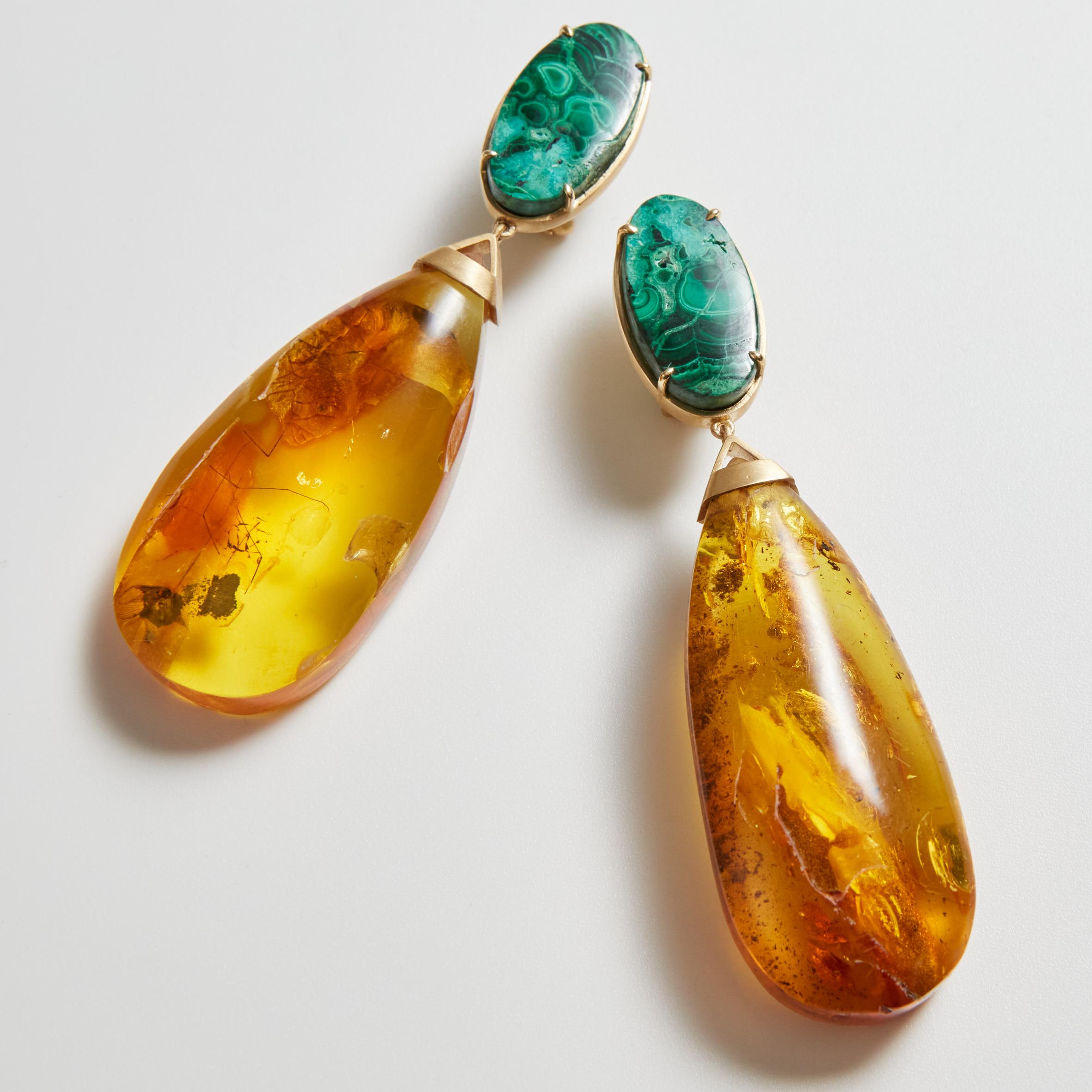 Amber  18k Gold and Azzurrite Hand Made Earrings For Sale 2