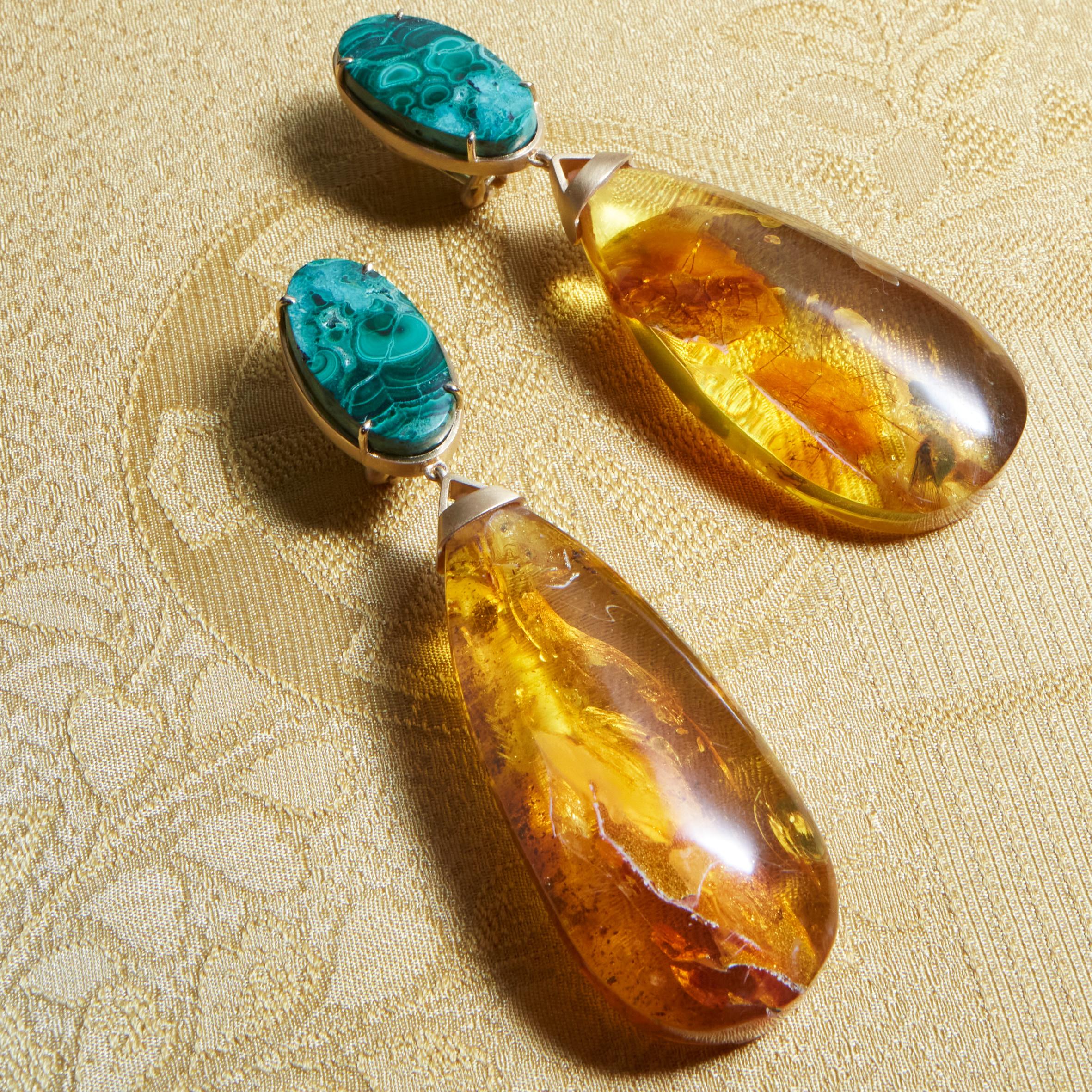 Amber  18k Gold and Azzurrite Hand Made Earrings For Sale 5