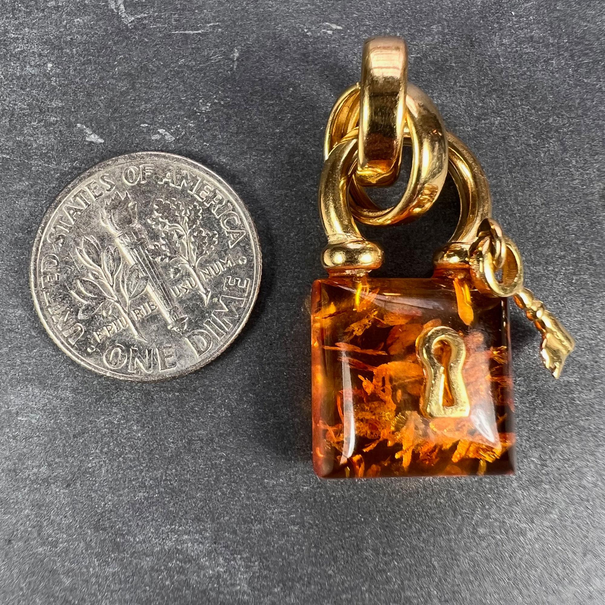 Amber 18K Yellow Gold Padlock Charm Pendant For Sale 6