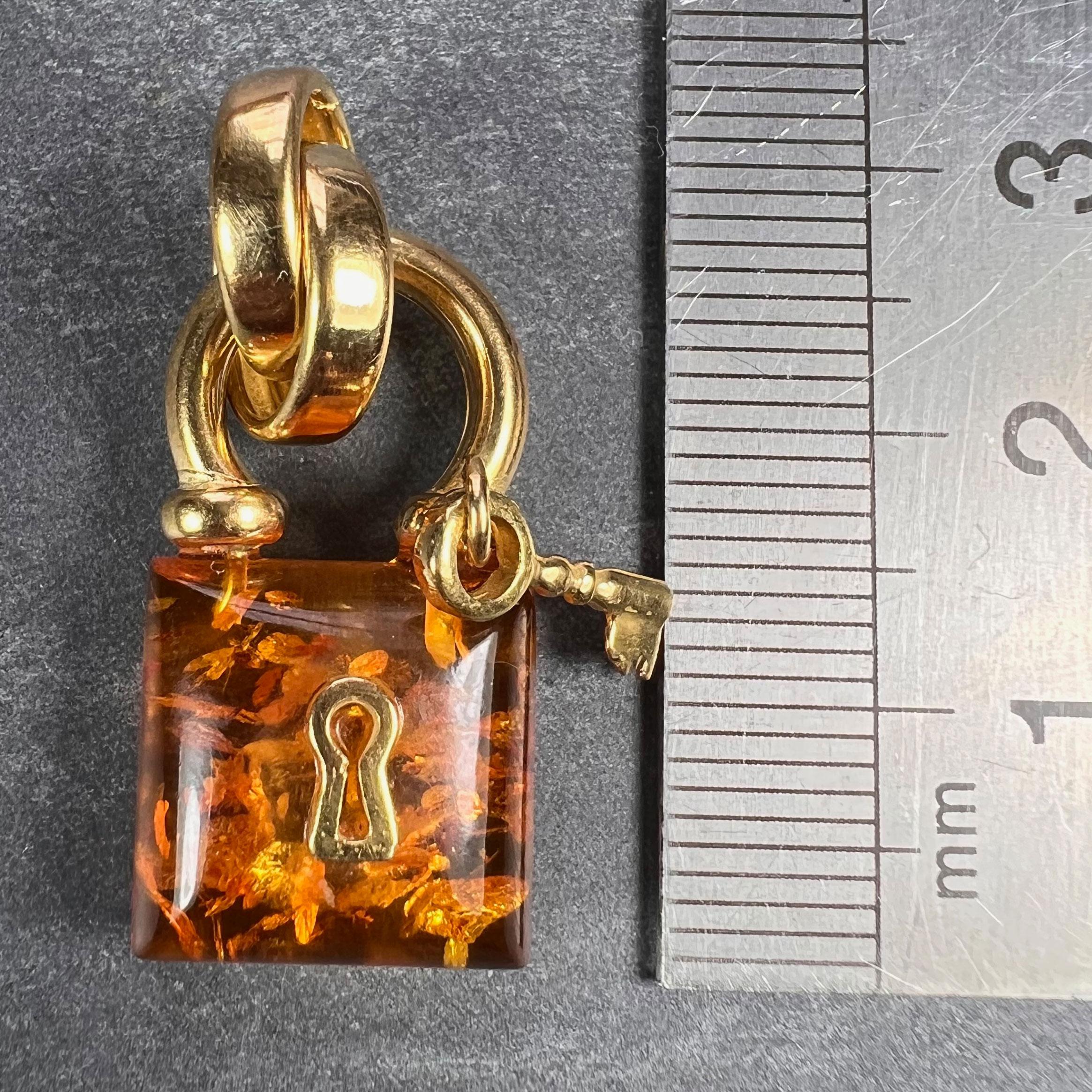 Amber 18K Yellow Gold Padlock Charm Pendant For Sale 7