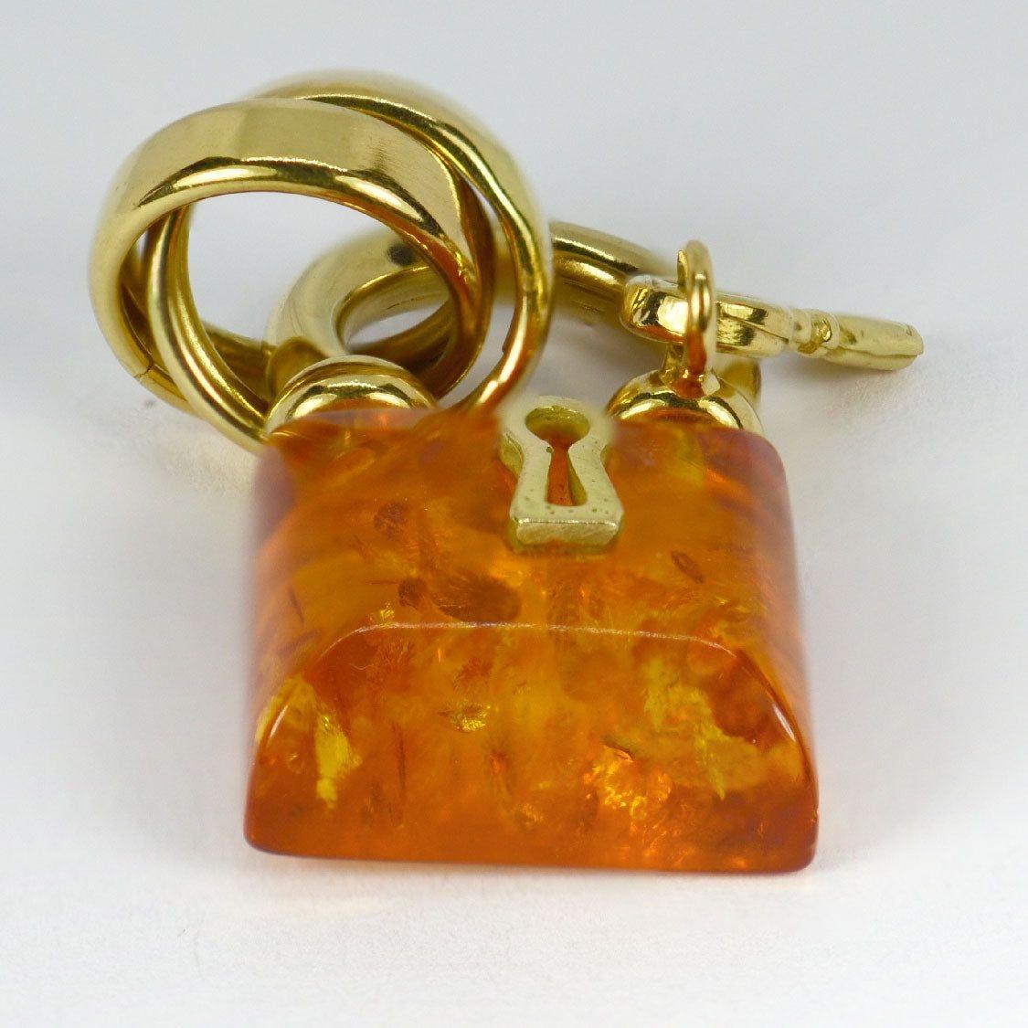 Amber 18K Yellow Gold Padlock Charm Pendant For Sale 11