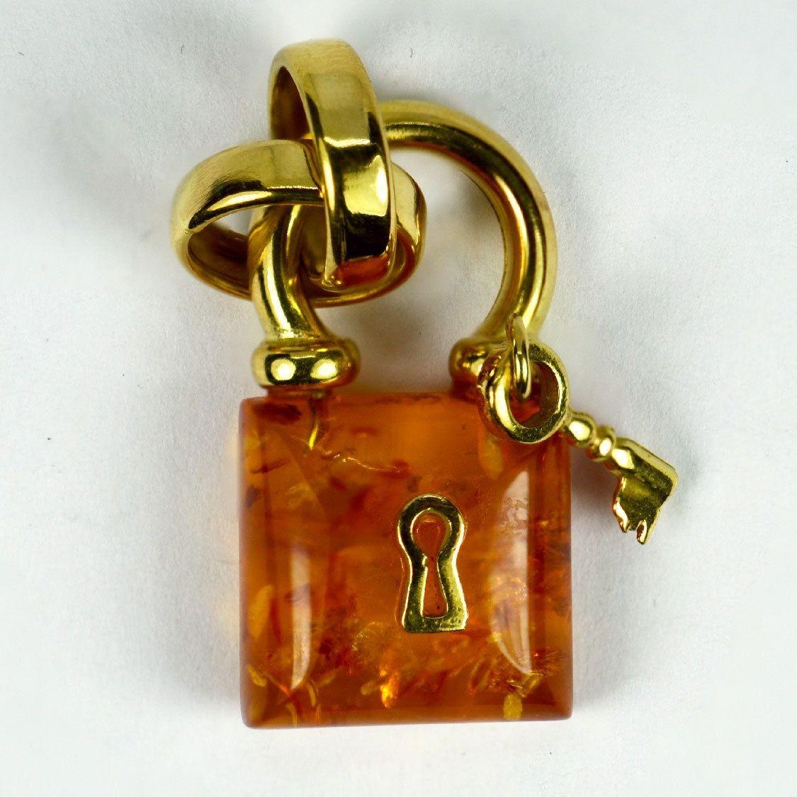 Amber 18K Yellow Gold Padlock Charm Pendant For Sale 8