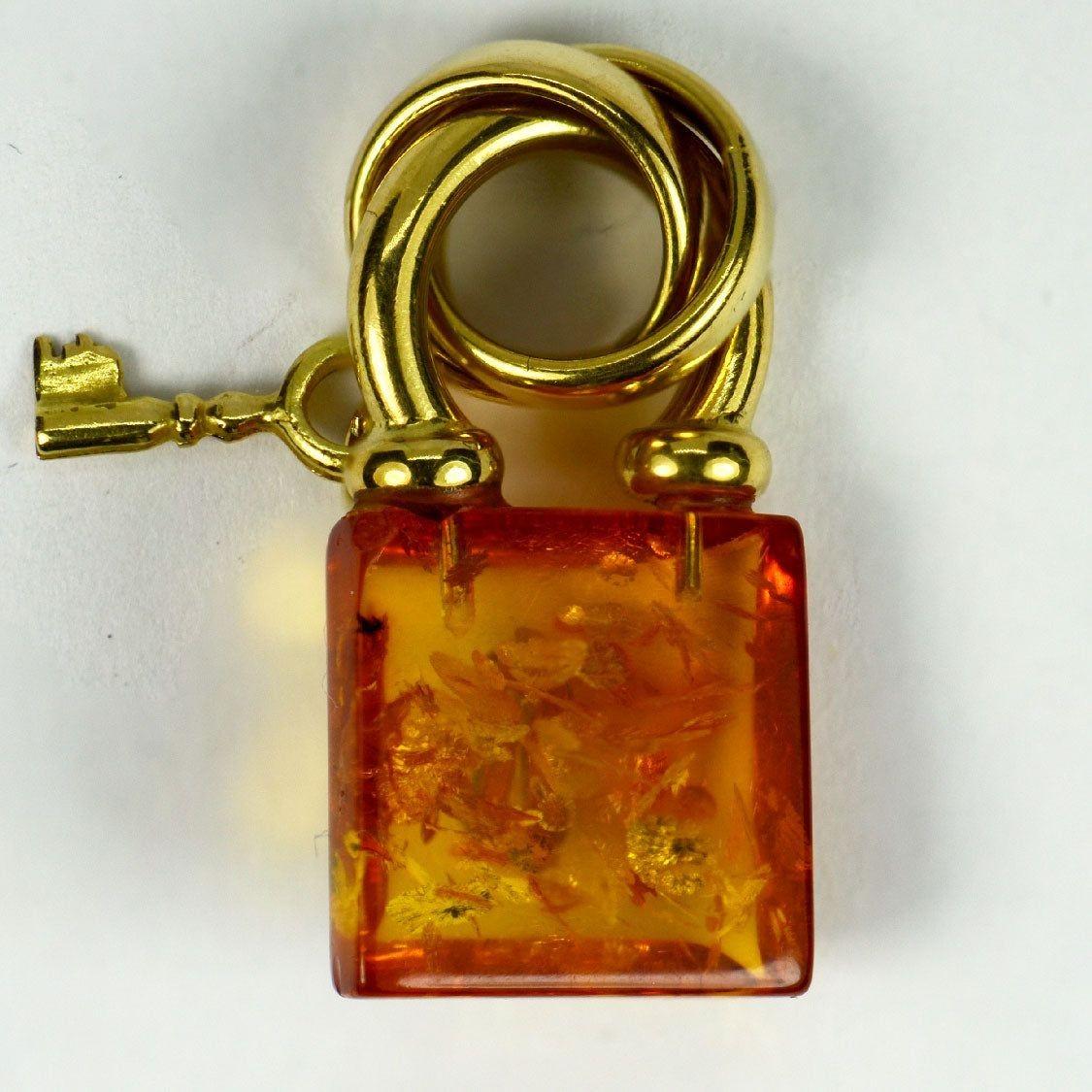 Amber 18K Yellow Gold Padlock Charm Pendant For Sale 9