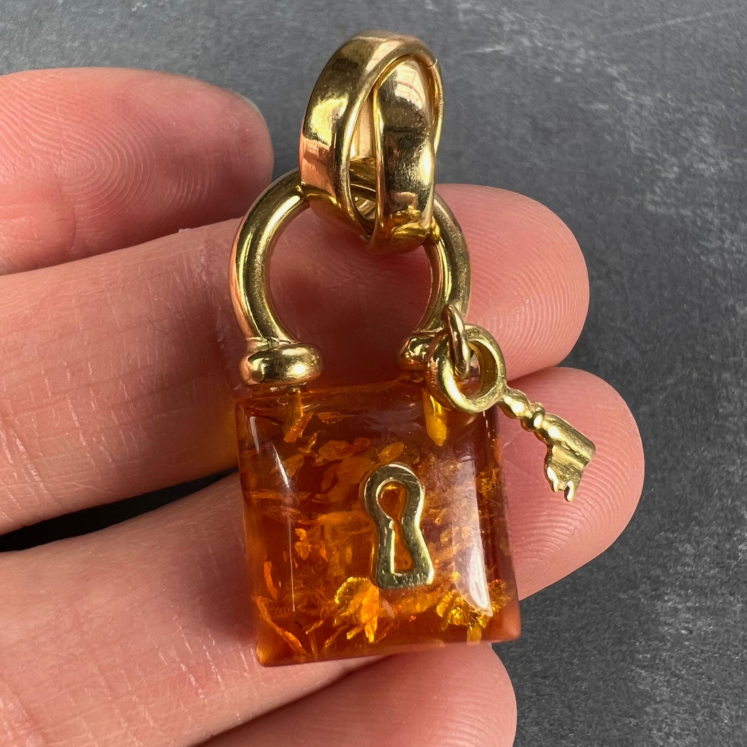 Amber 18K Yellow Gold Padlock Charm Pendant For Sale 1