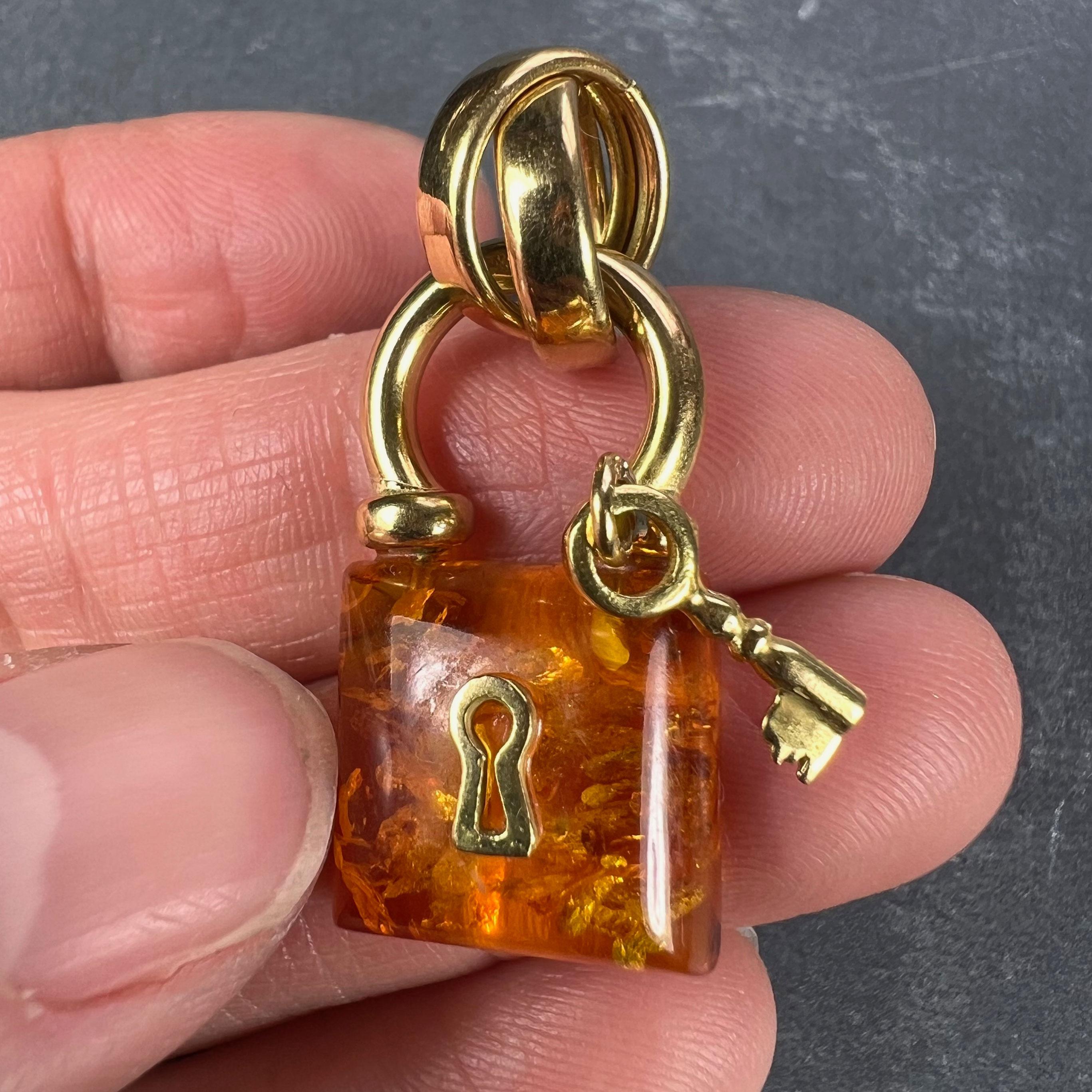 Amber 18K Yellow Gold Padlock Charm Pendant For Sale 2