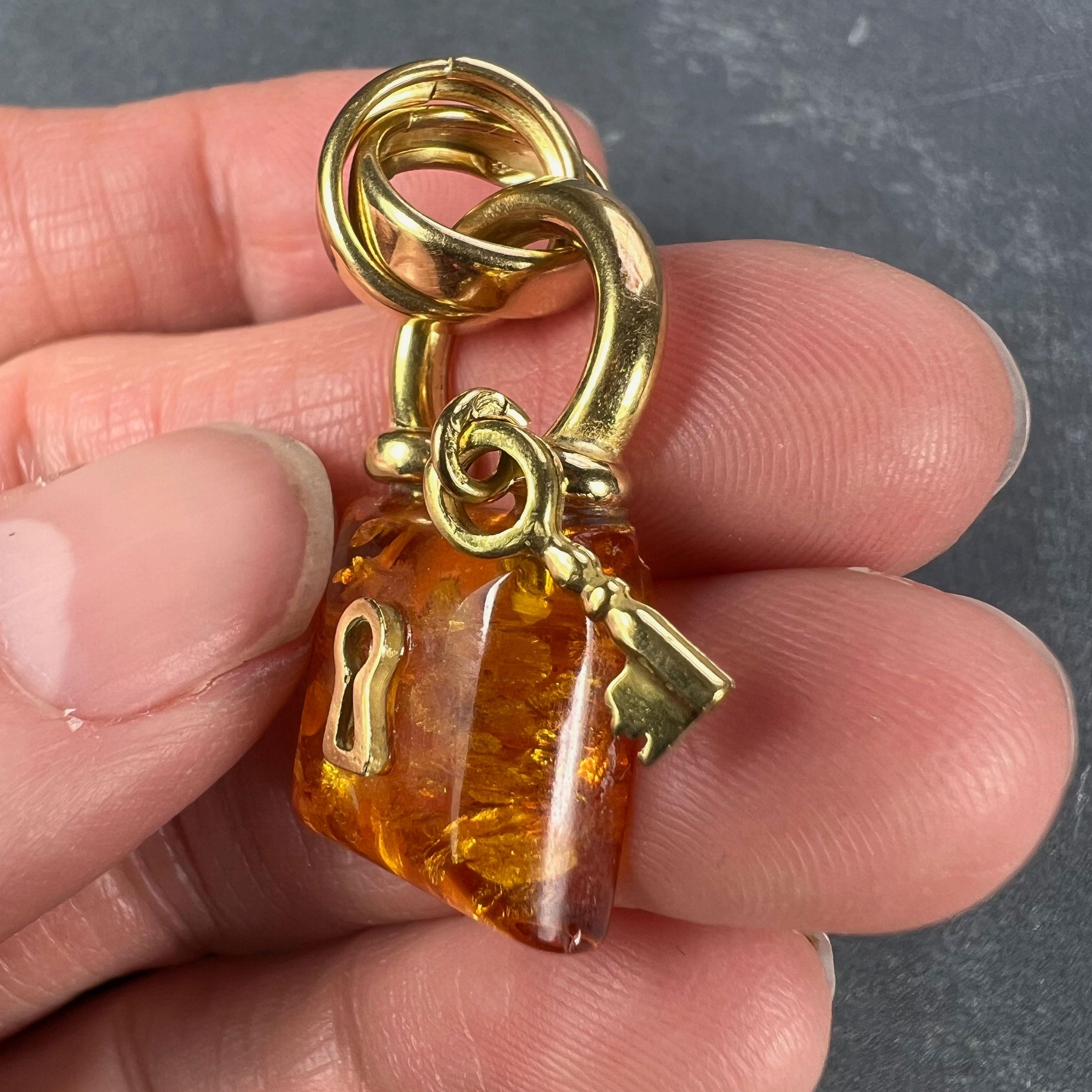 Amber 18K Yellow Gold Padlock Charm Pendant For Sale 3