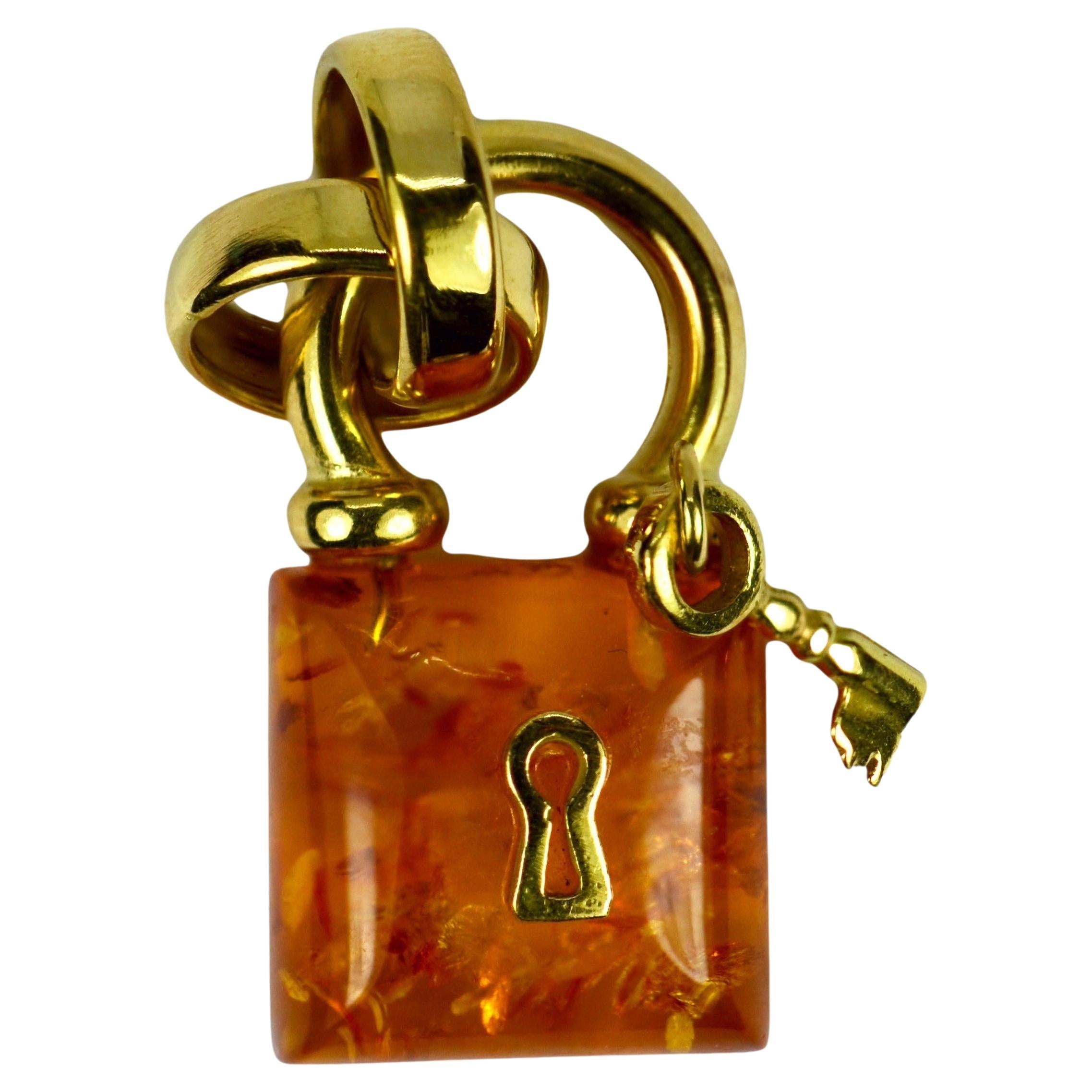 Amber 18K Yellow Gold Padlock Charm Pendant For Sale