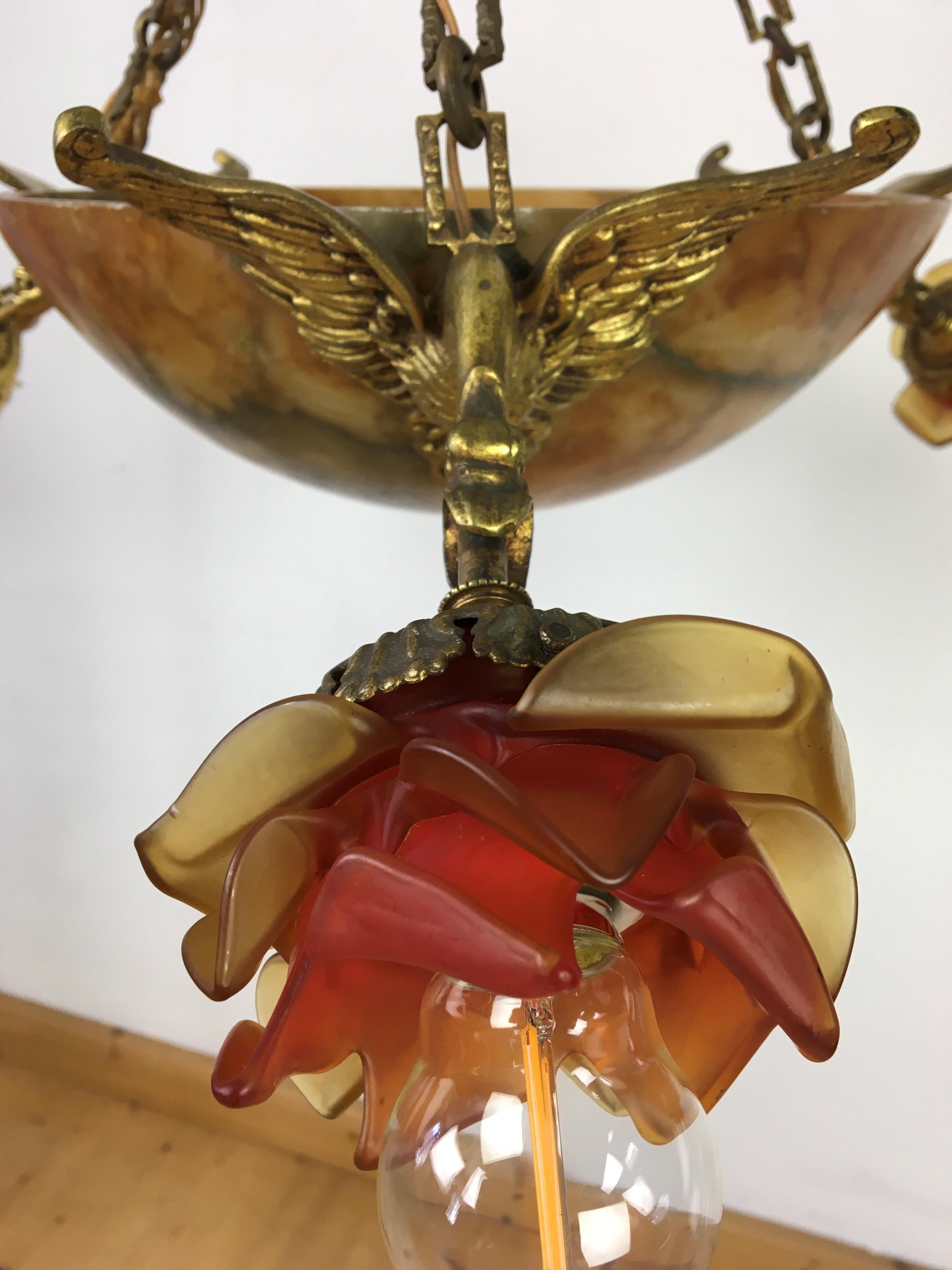 Alabaster Bowl Chandelier with Floral Lampshades and Dragons, France For Sale 5