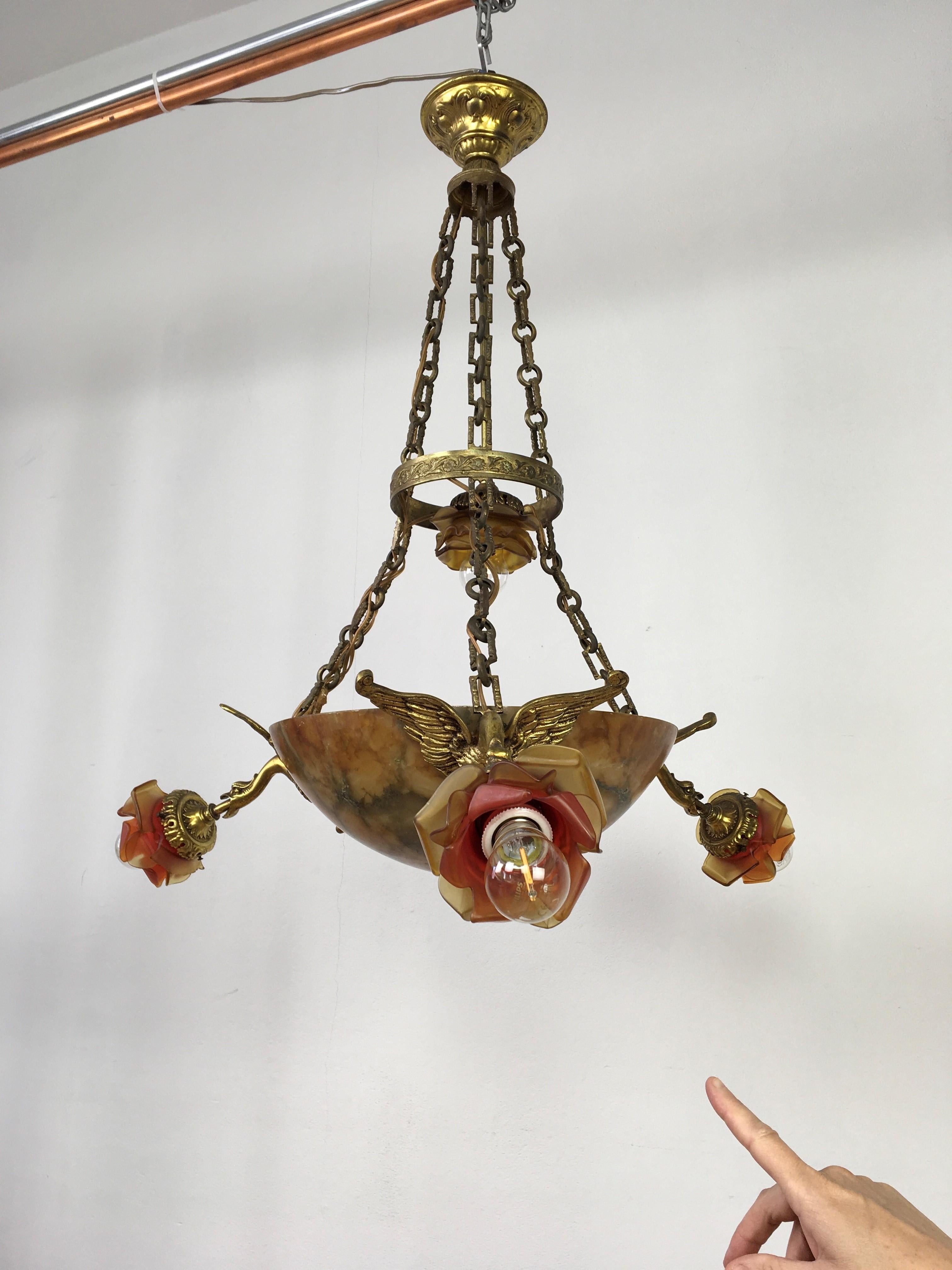 Alabaster Bowl Chandelier with Floral Lampshades and Dragons, France For Sale 12
