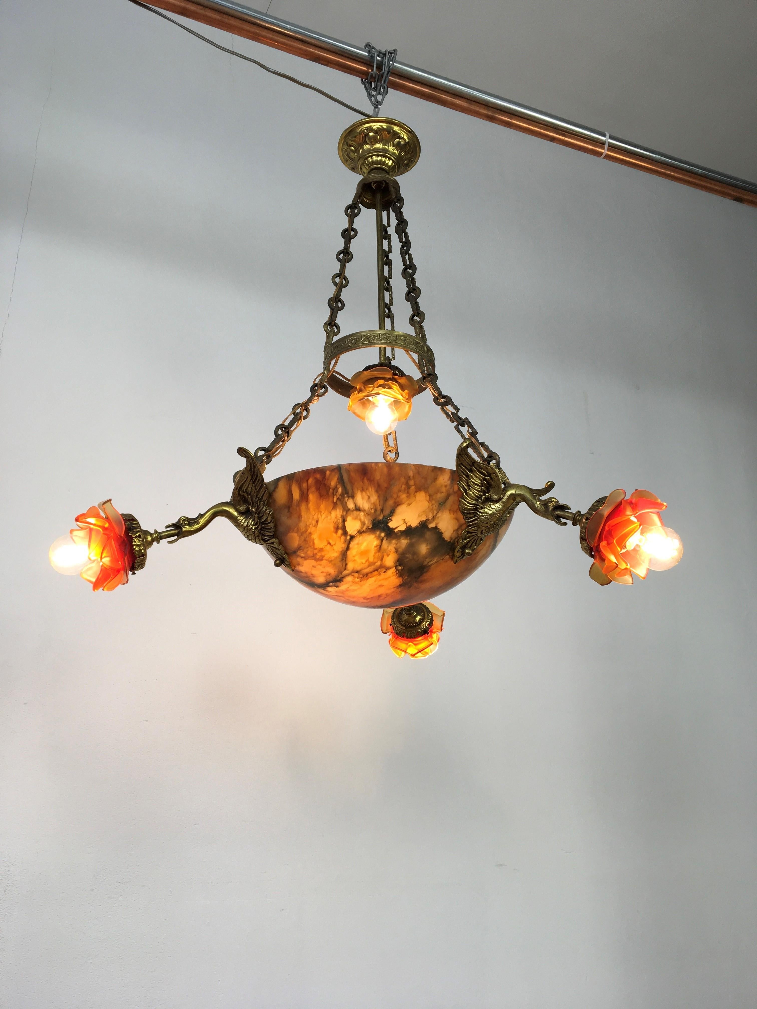 Art Deco Alabaster Bowl Chandelier with Floral Lampshades and Dragons, France For Sale