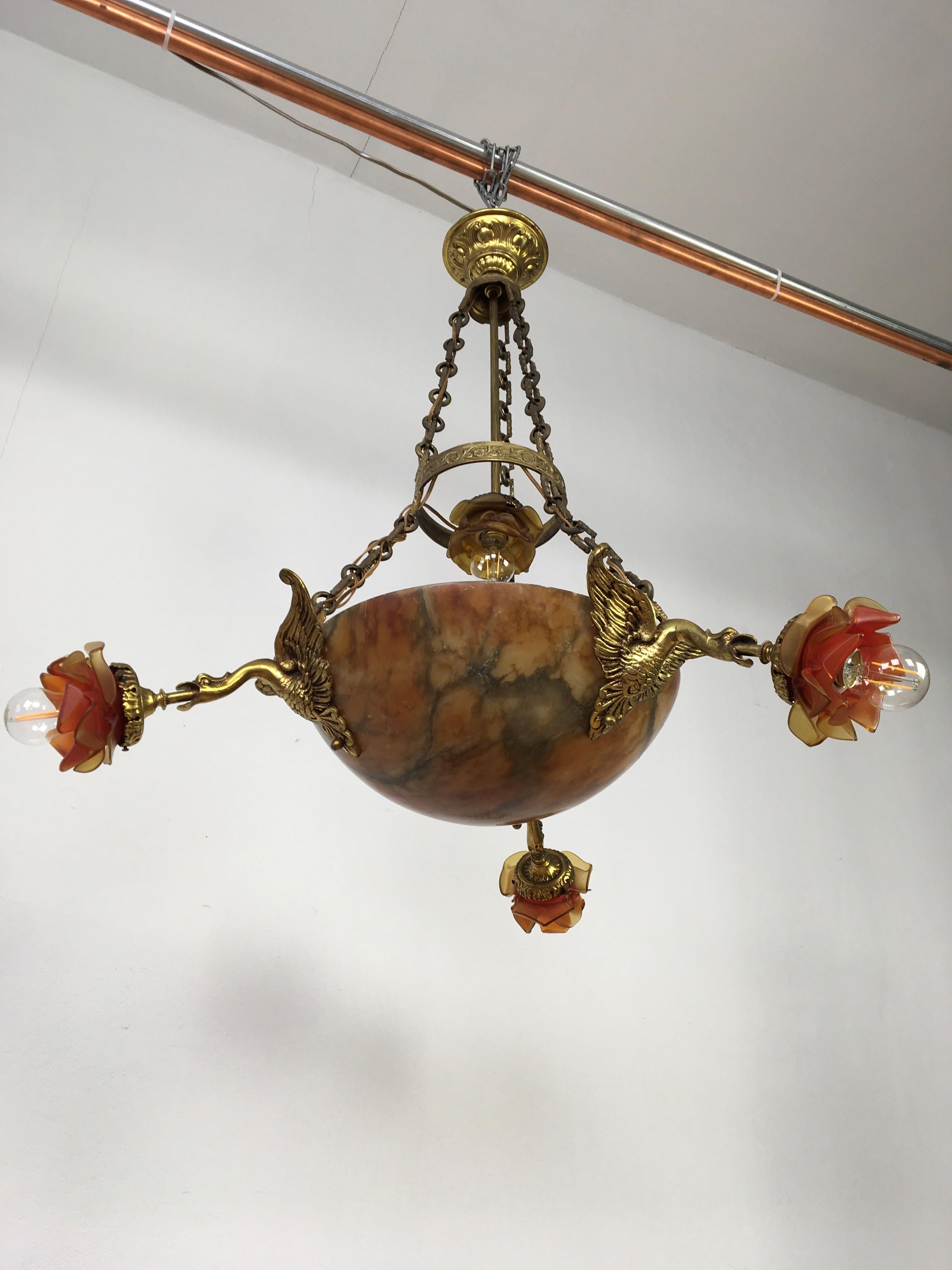 French Alabaster Bowl Chandelier with Floral Lampshades and Dragons, France For Sale