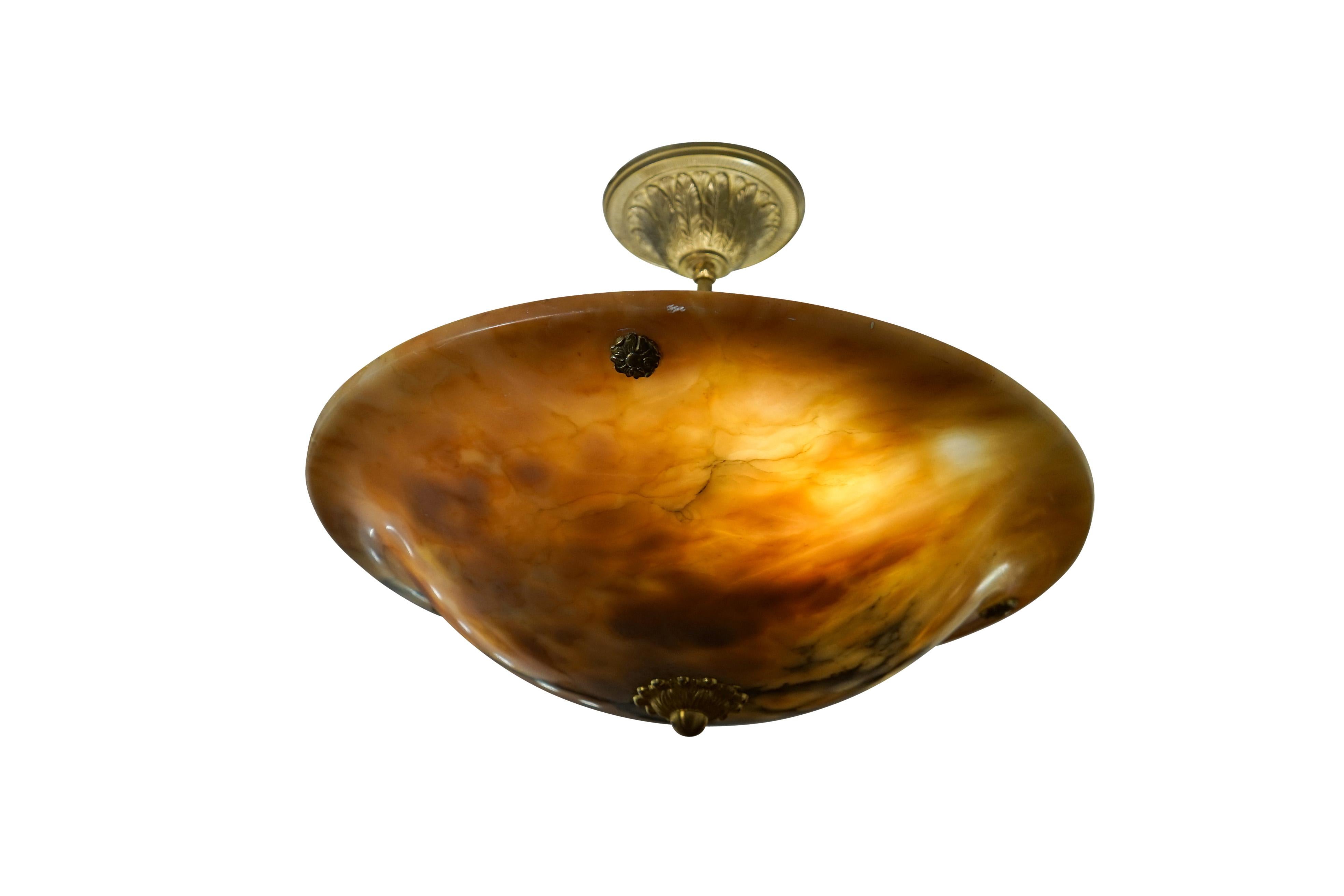 Neoclassical Amber Alabaster Pendant Mounted on Brass Rod, Sweden, 1920 For Sale
