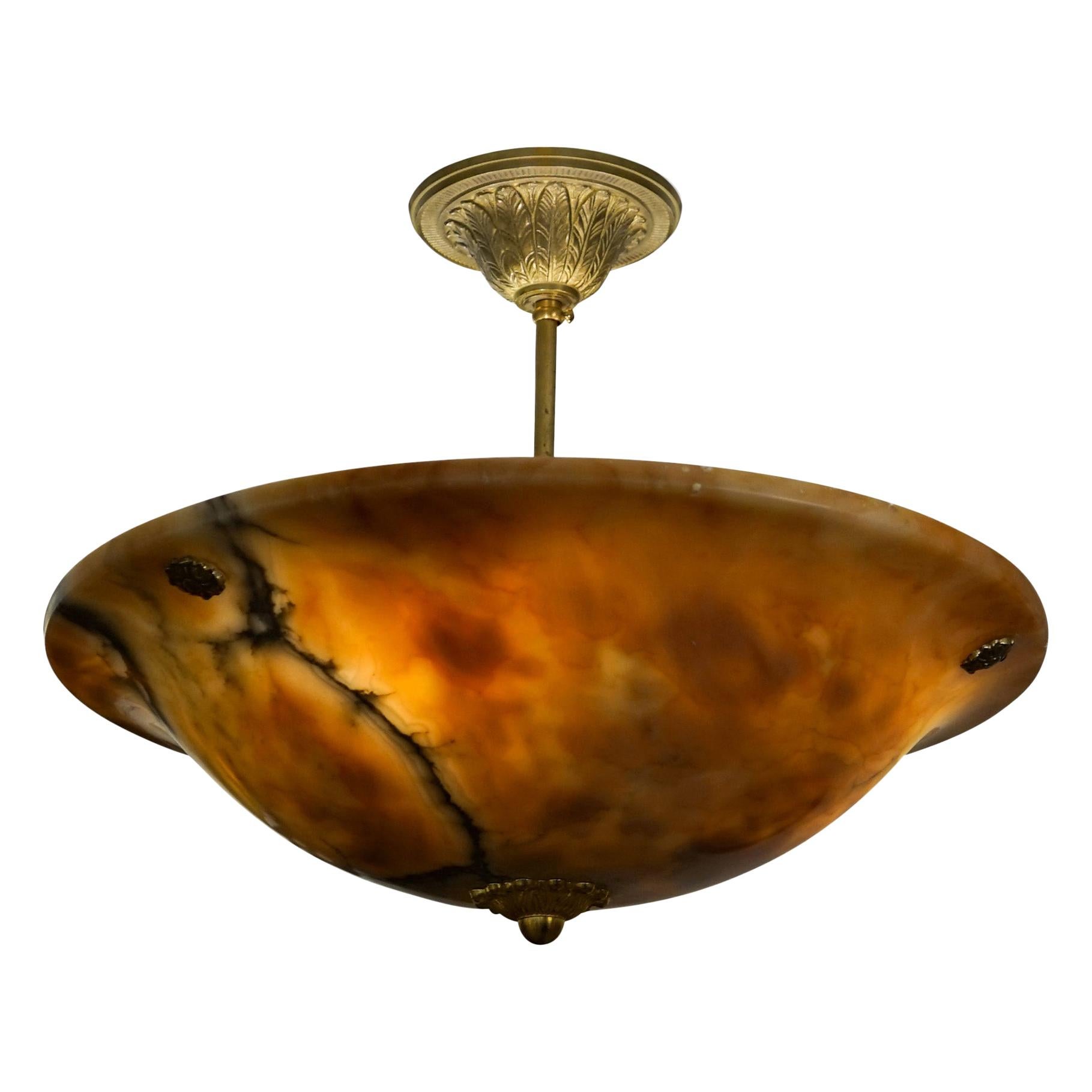 Amber Alabaster Pendant Mounted on Brass Rod, Sweden, 1920 For Sale