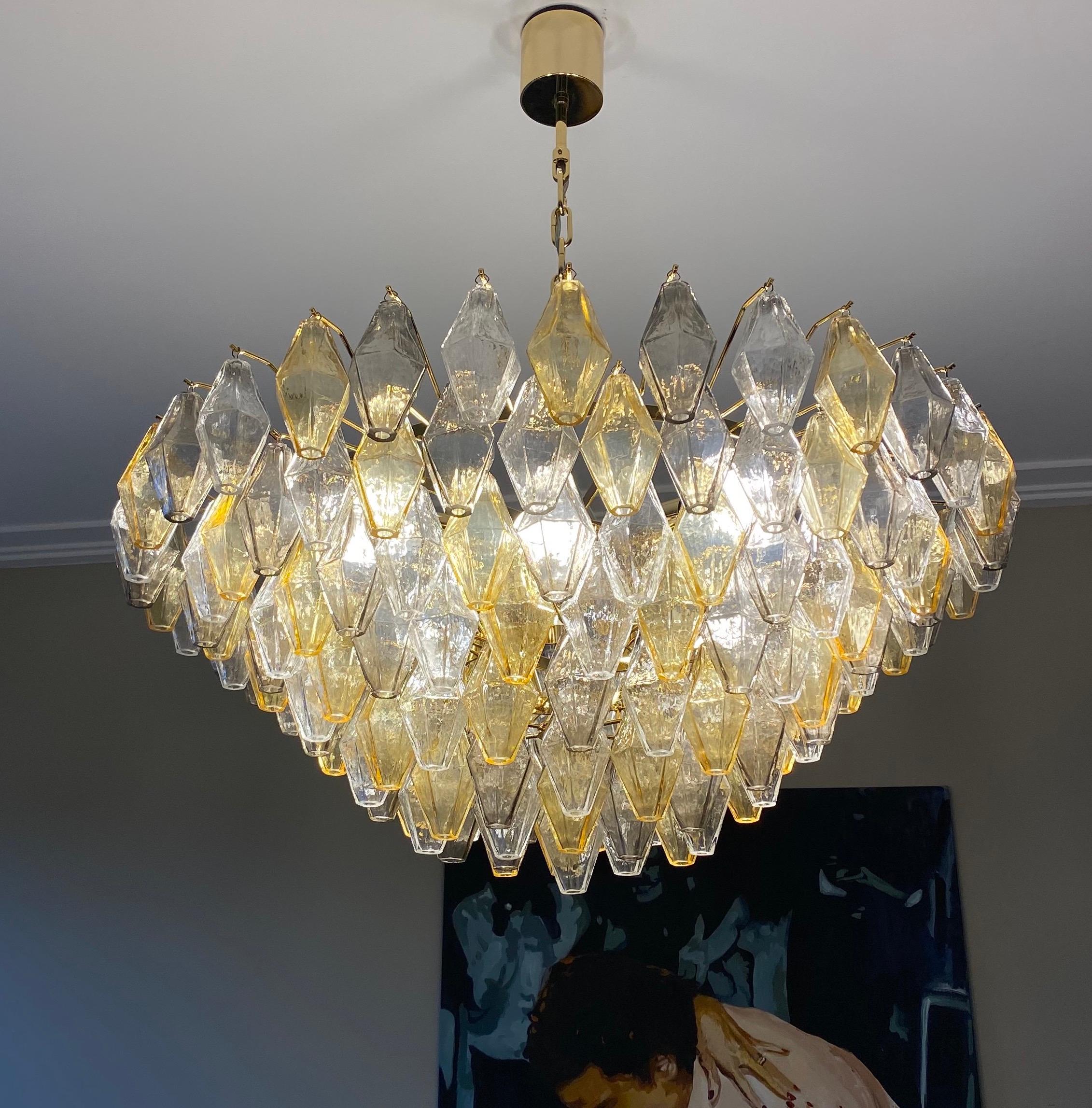 Mid-Century Modern Amber an Grey Large Poliedri Murano Glass Chandelier or Ceiling Light For Sale