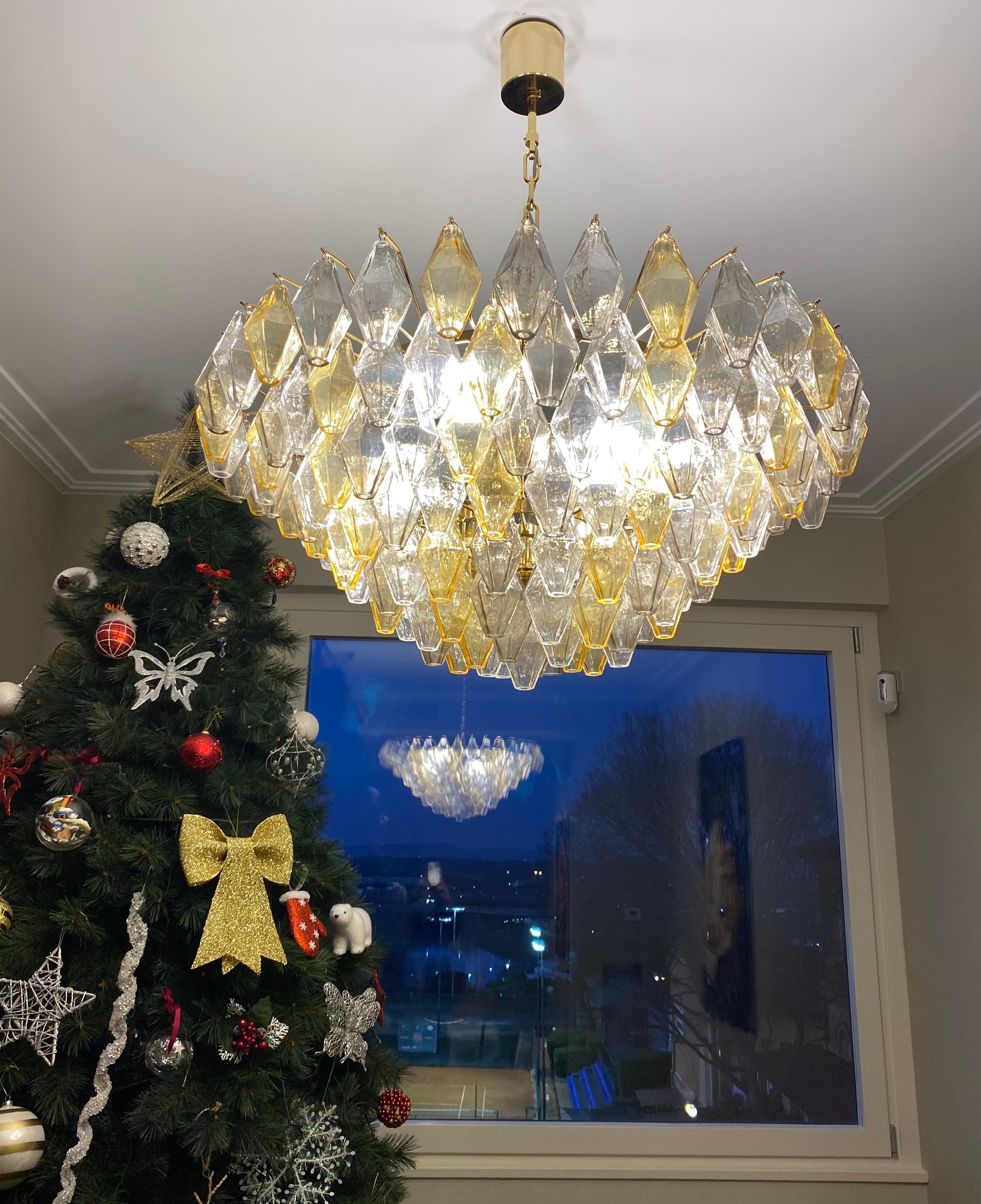 Mid-Century Modern Amber an Grey Large Poliedri Murano Glass Chandelier or Ceiling Light For Sale