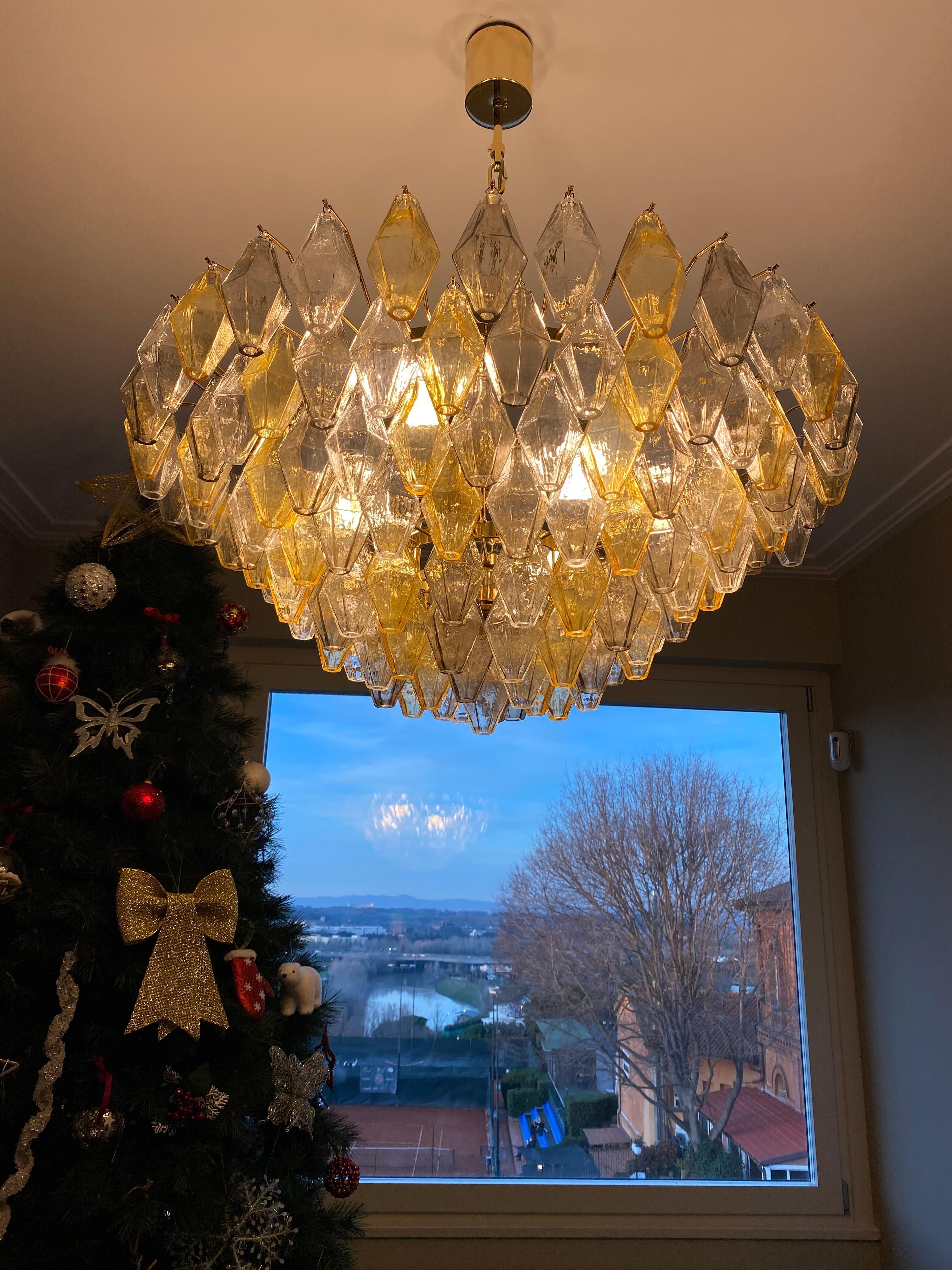 Amber an Grey Large Poliedri Murano Glass Chandelier or Ceiling Light For Sale 1