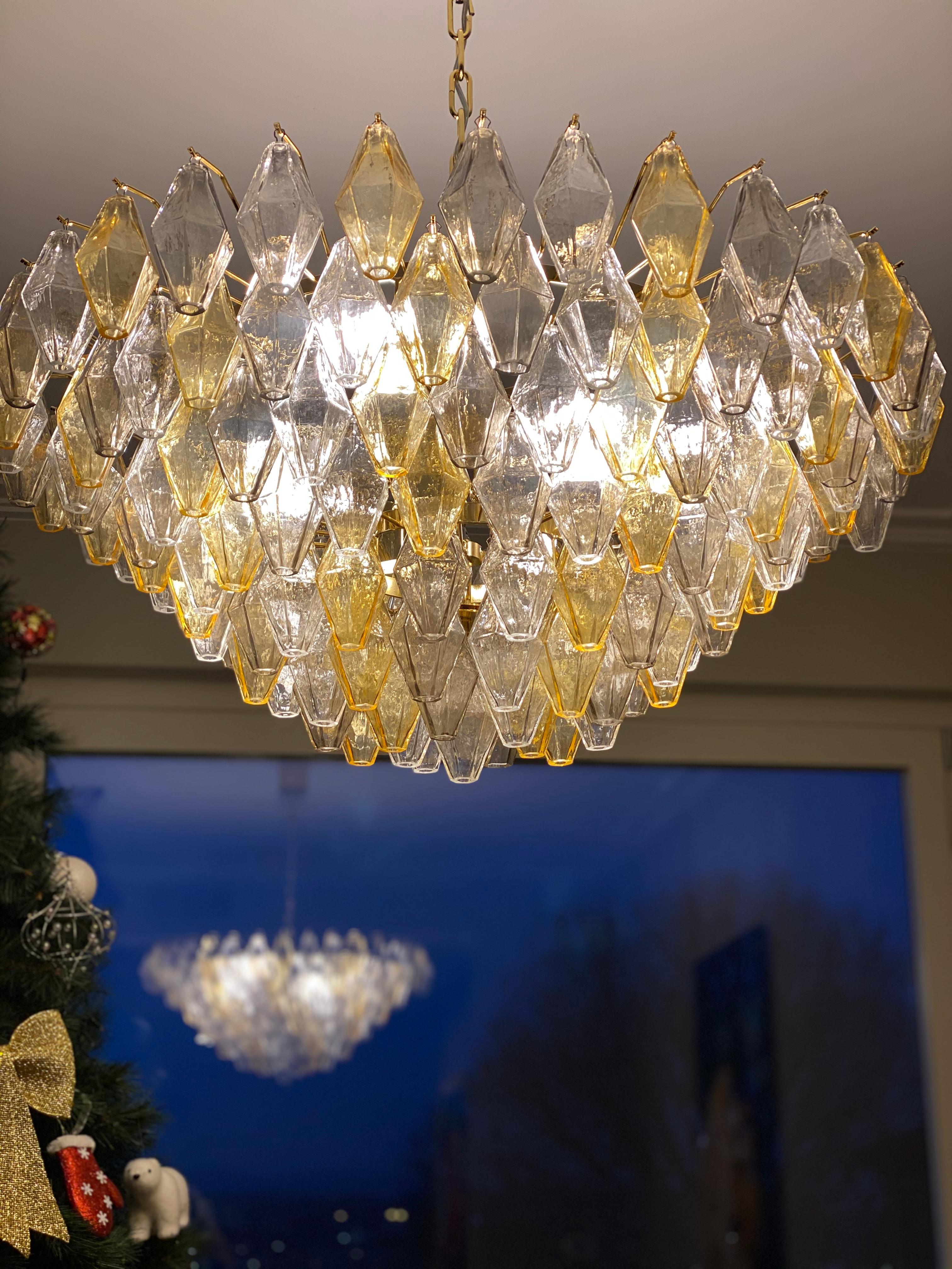 Verre Grand lustre ou plafonnier en verre de Murano Poliedri gris et ambré en vente