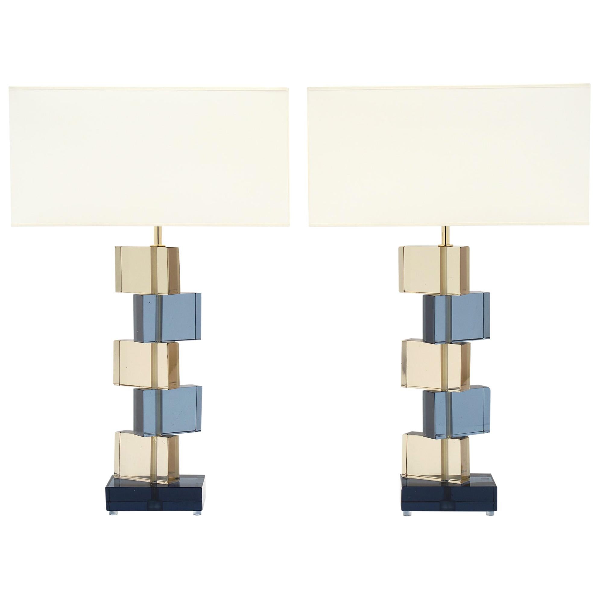 Geometrische Lampen aus Bernstein, Bernstein und blauem Muranoglas im Angebot